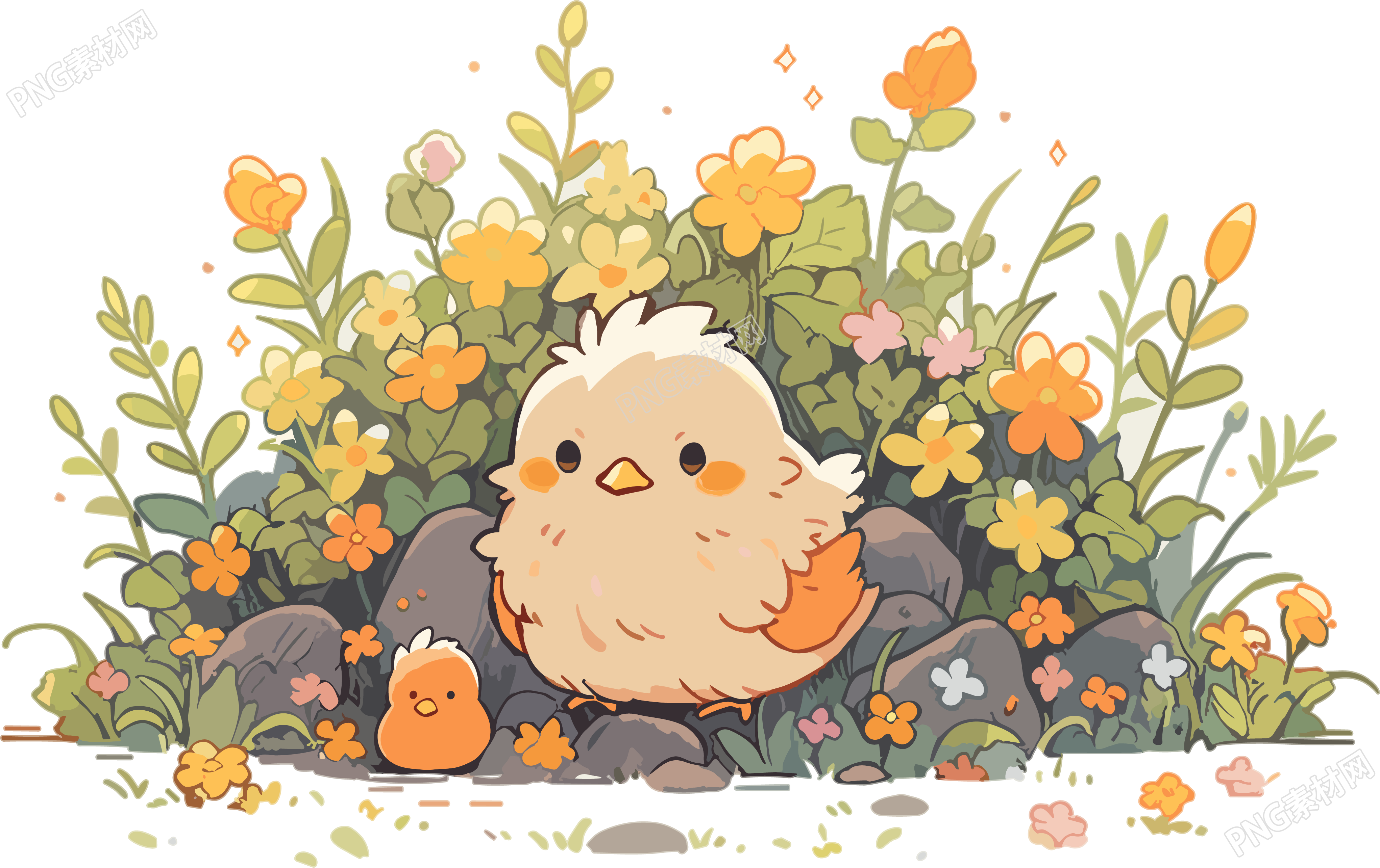 花丛边的可爱小鸡插画素材