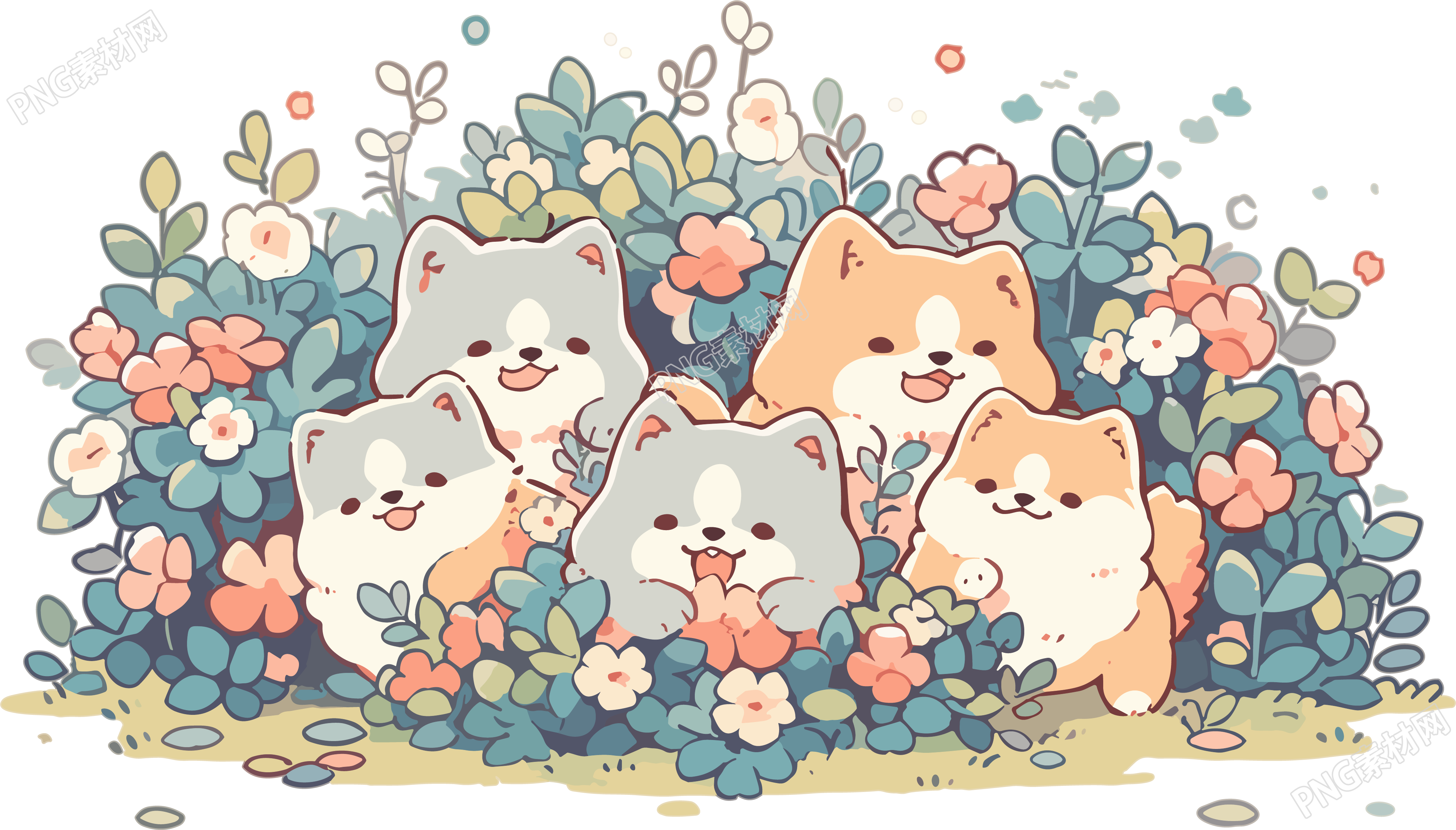 北欧风格花田小狗透明背景插画