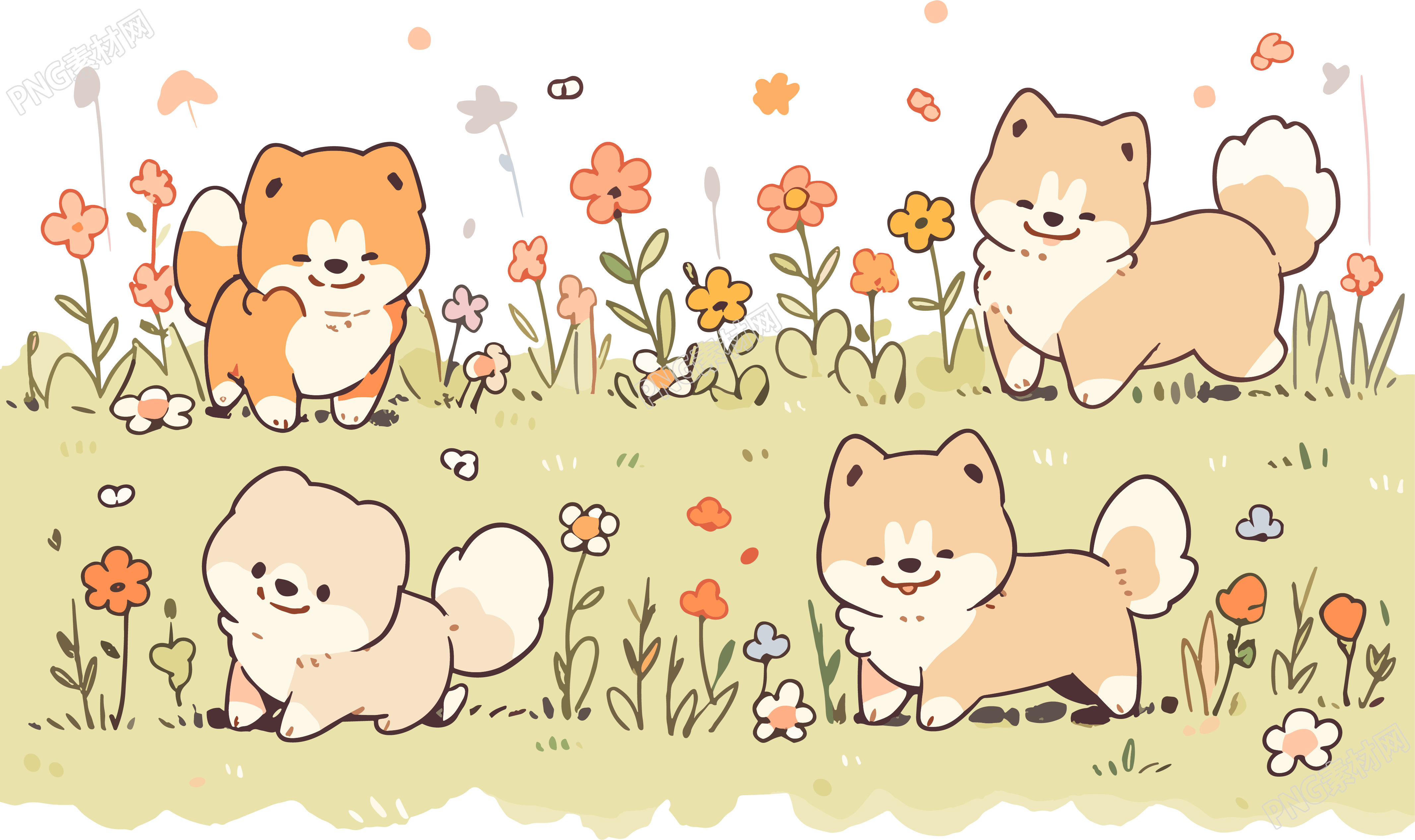 清新花田四只可爱小狗插画素材