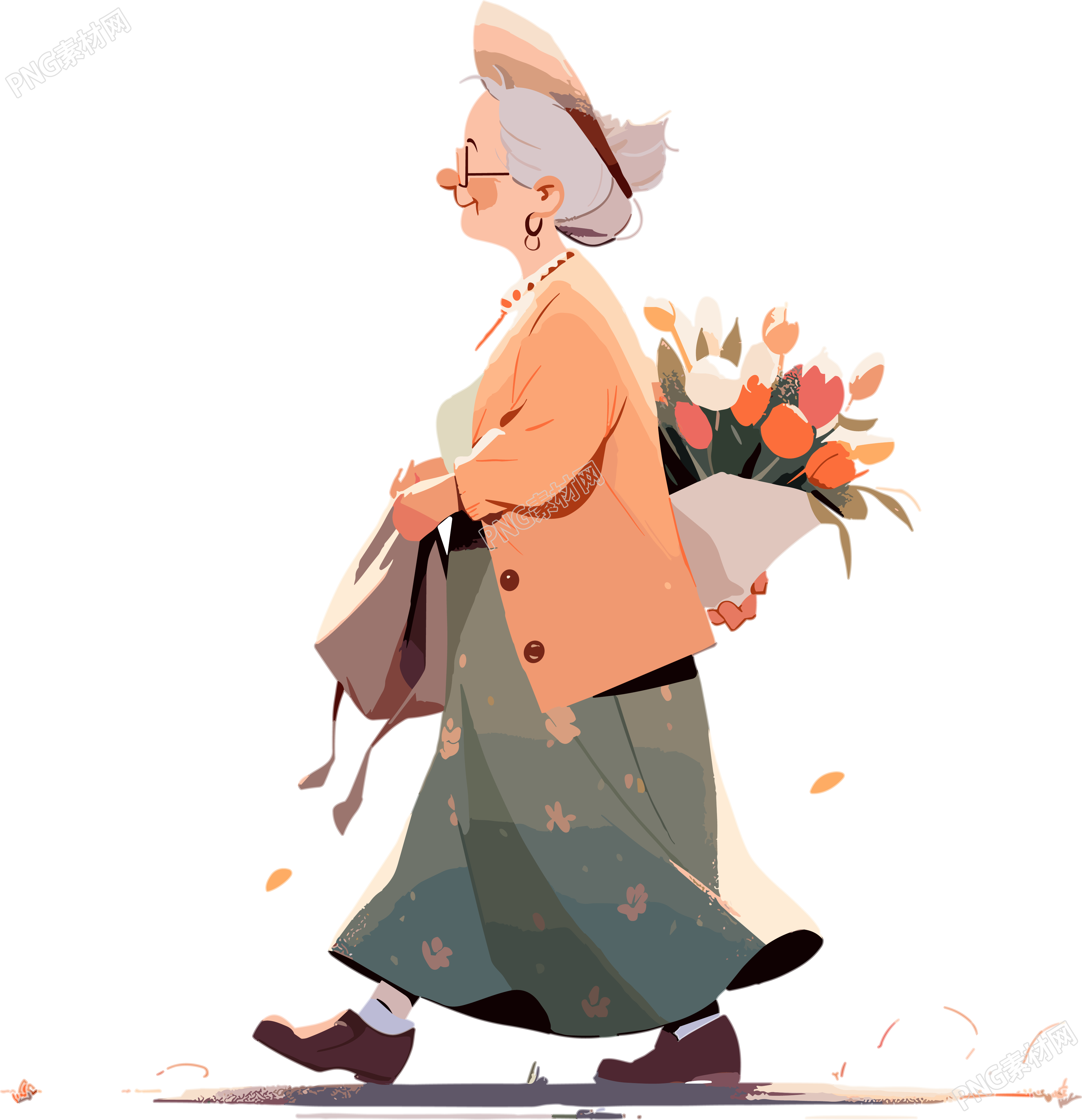 可商用老太太和鲜花创意插画