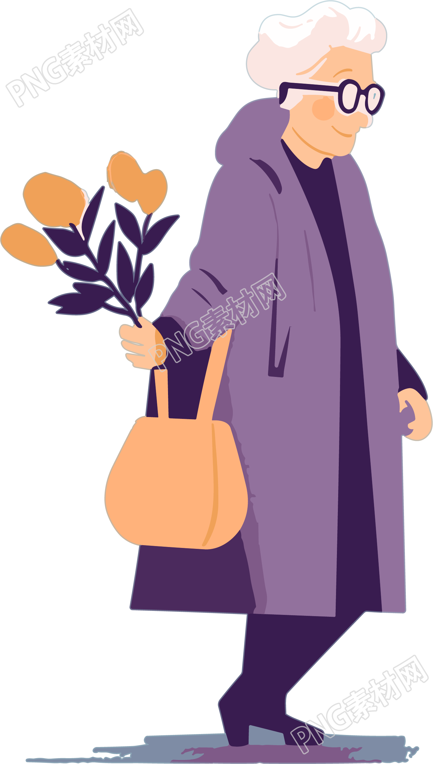 优雅老太太手捧鲜花平面插画