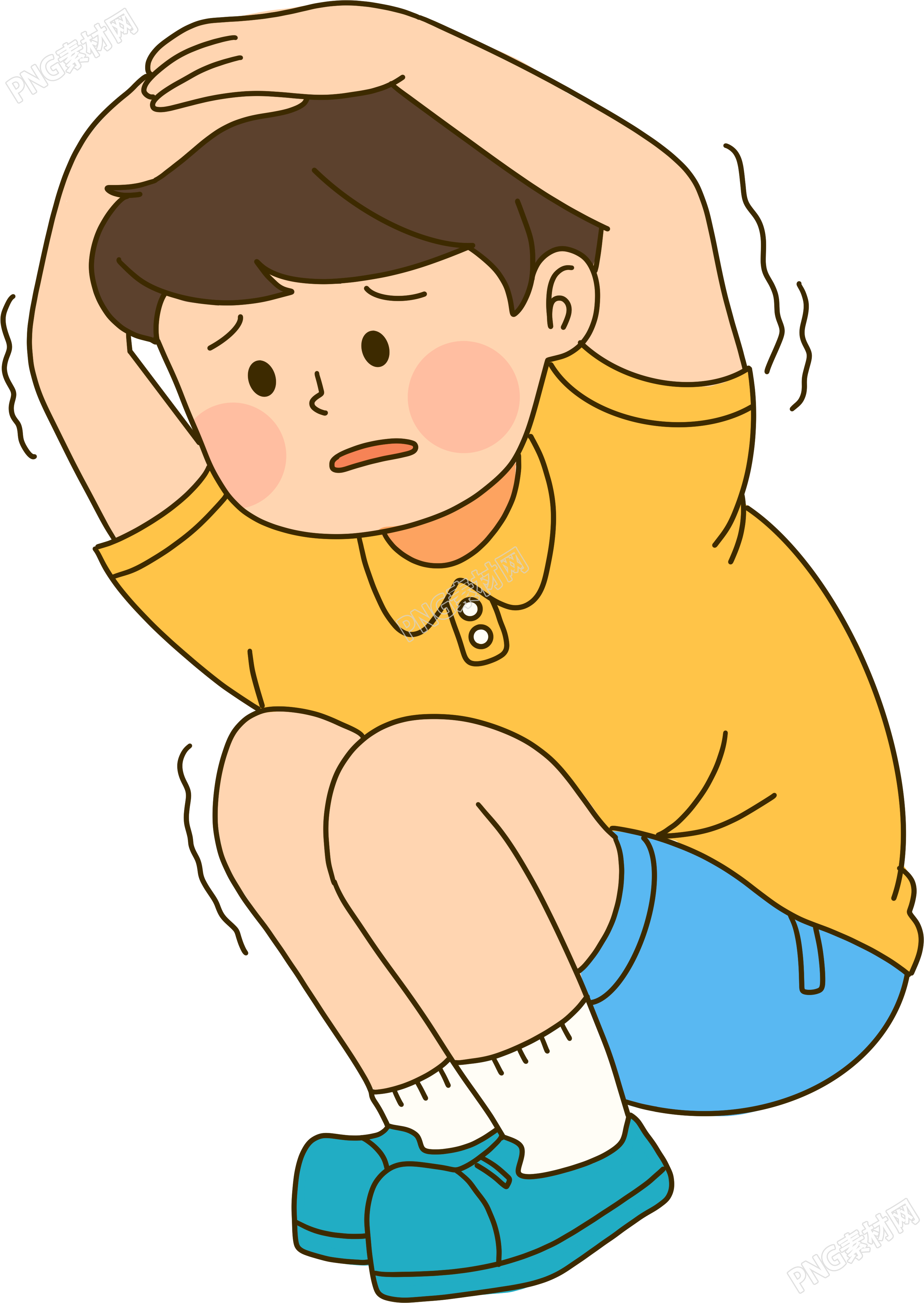 灾害中抱头的男孩瑟瑟发抖手绘插画