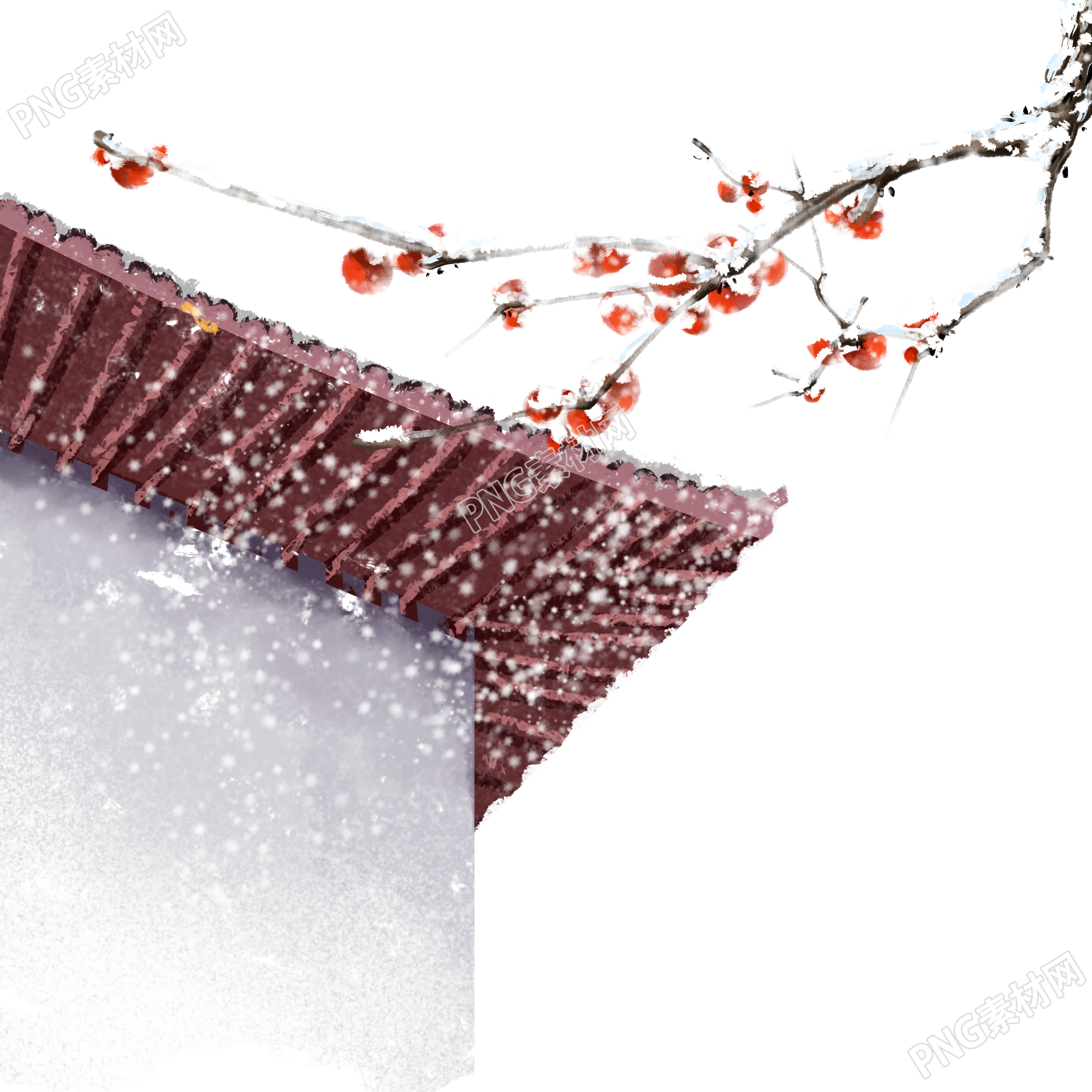 手绘大雪中的红色屋檐柿子PNG插图