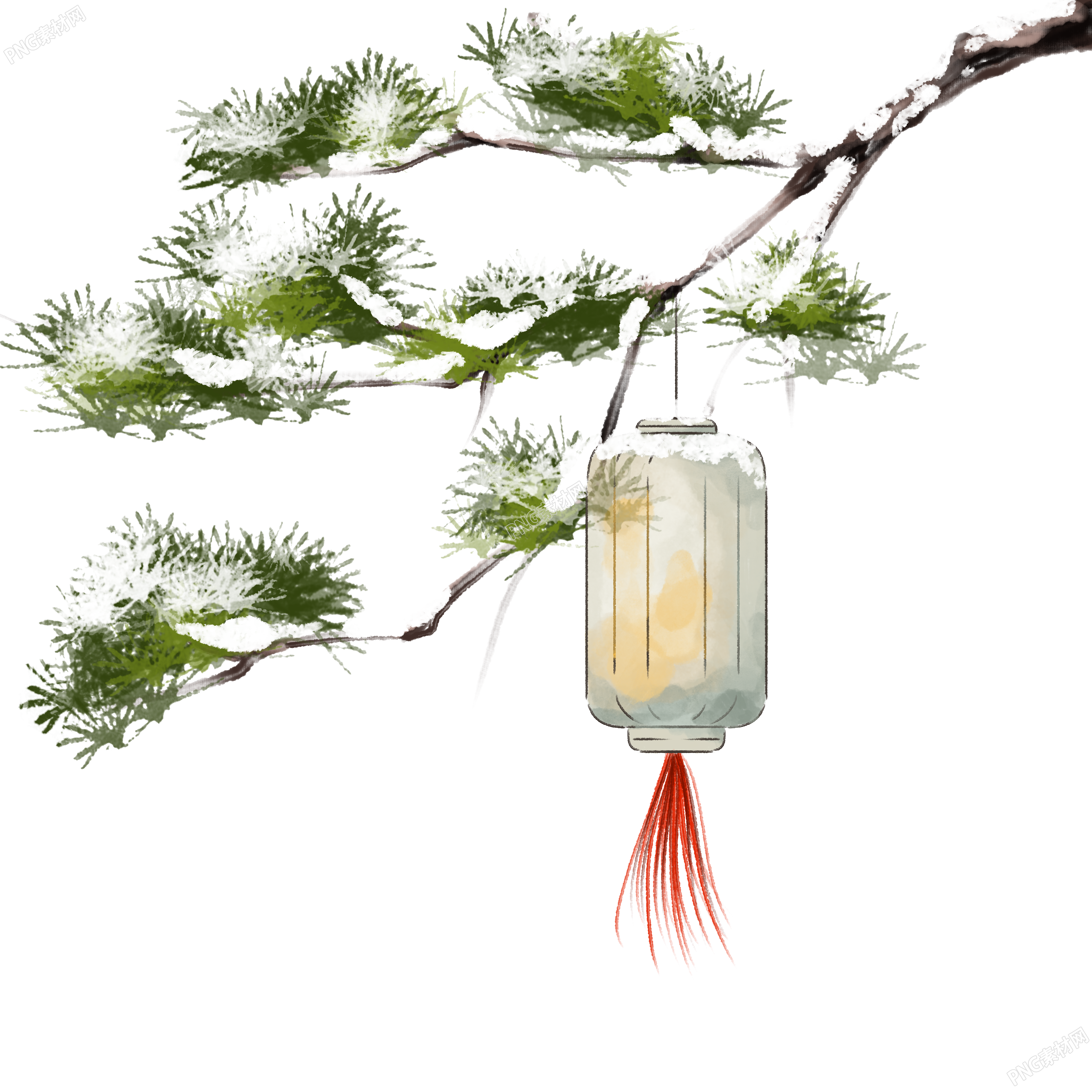 二十四节气大雪绿色松枝国风灯笼PNG素材