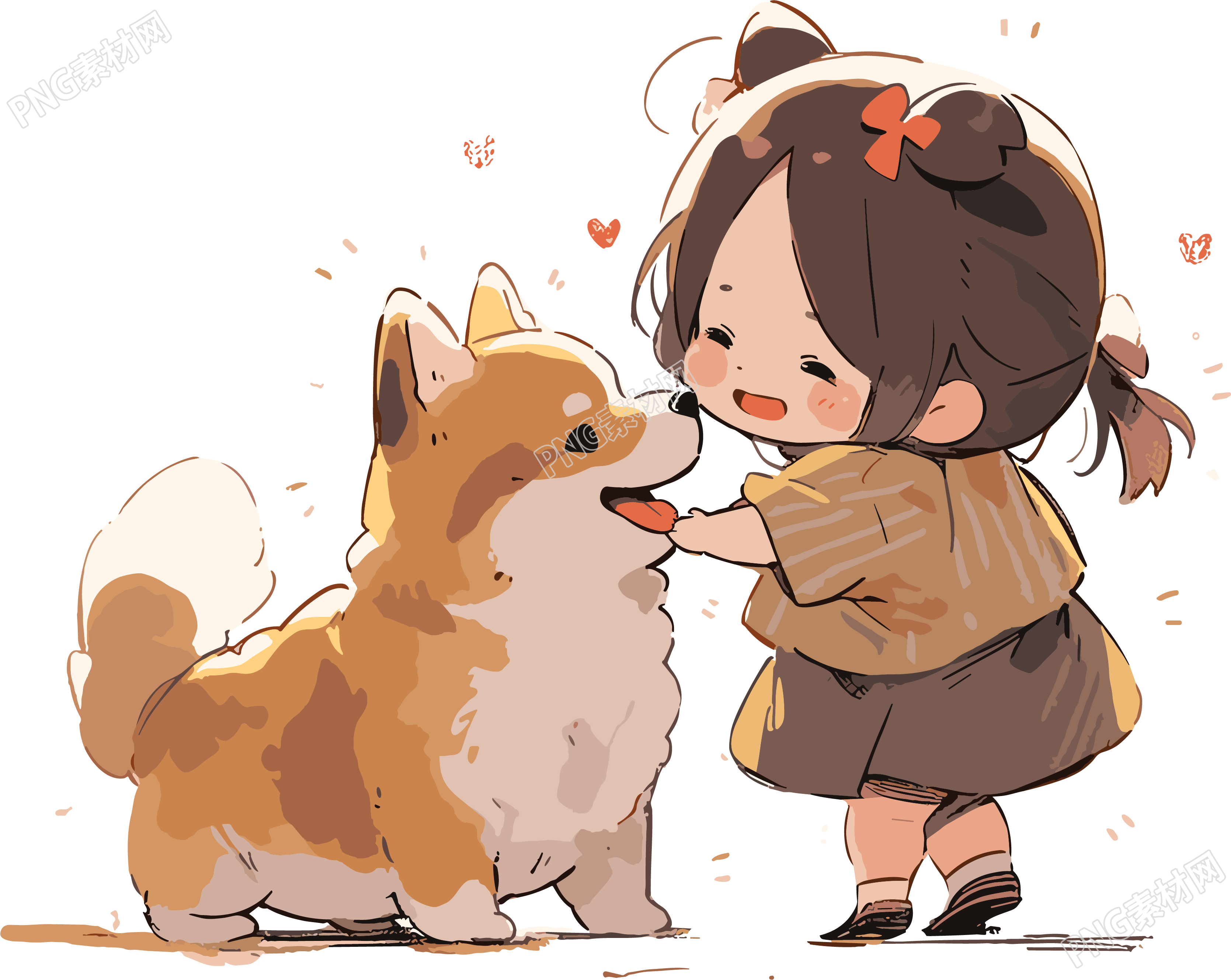 可爱简笔画插画小柯基和小女孩素材