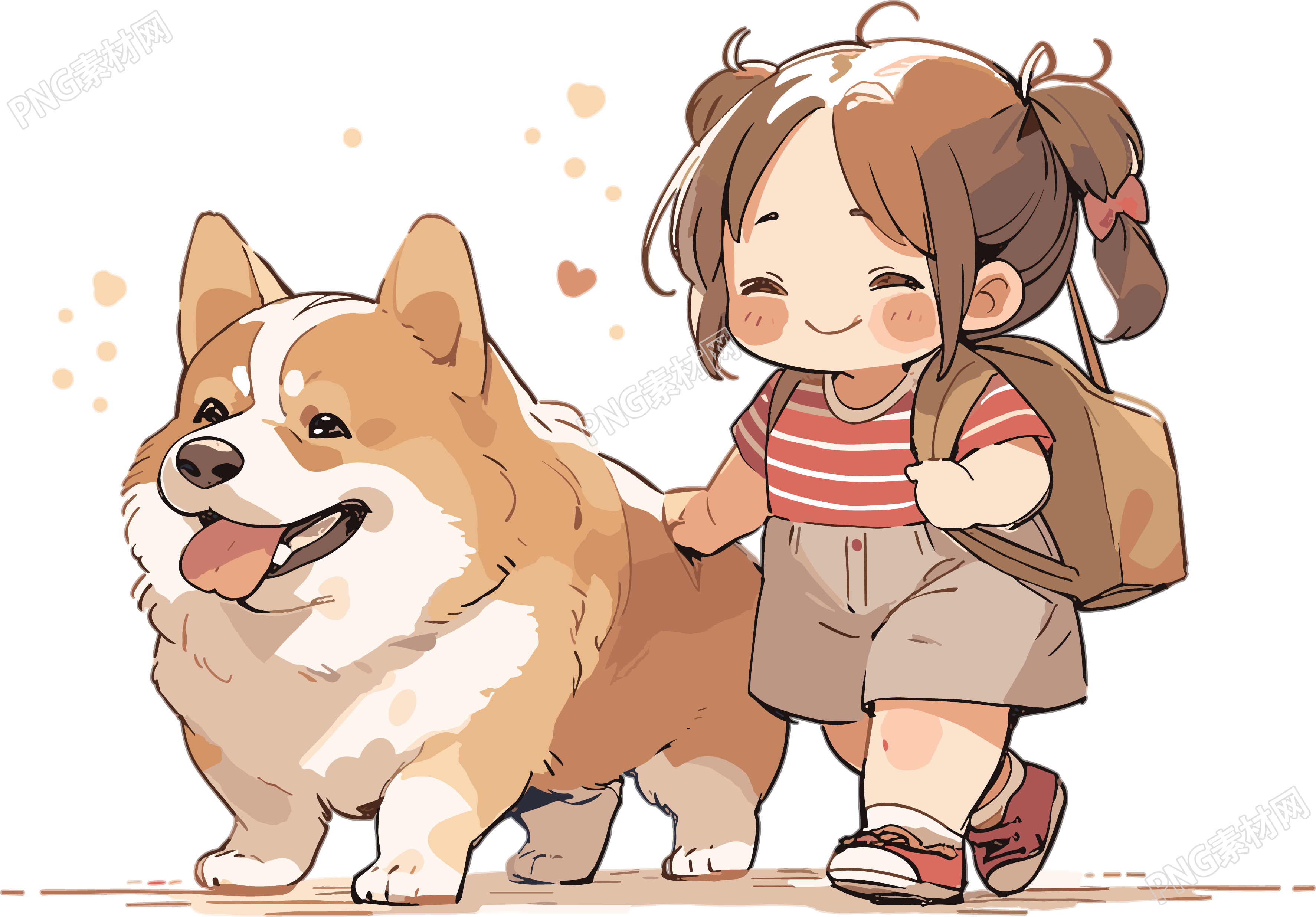 可爱狗狗和小女孩简笔水彩插画
