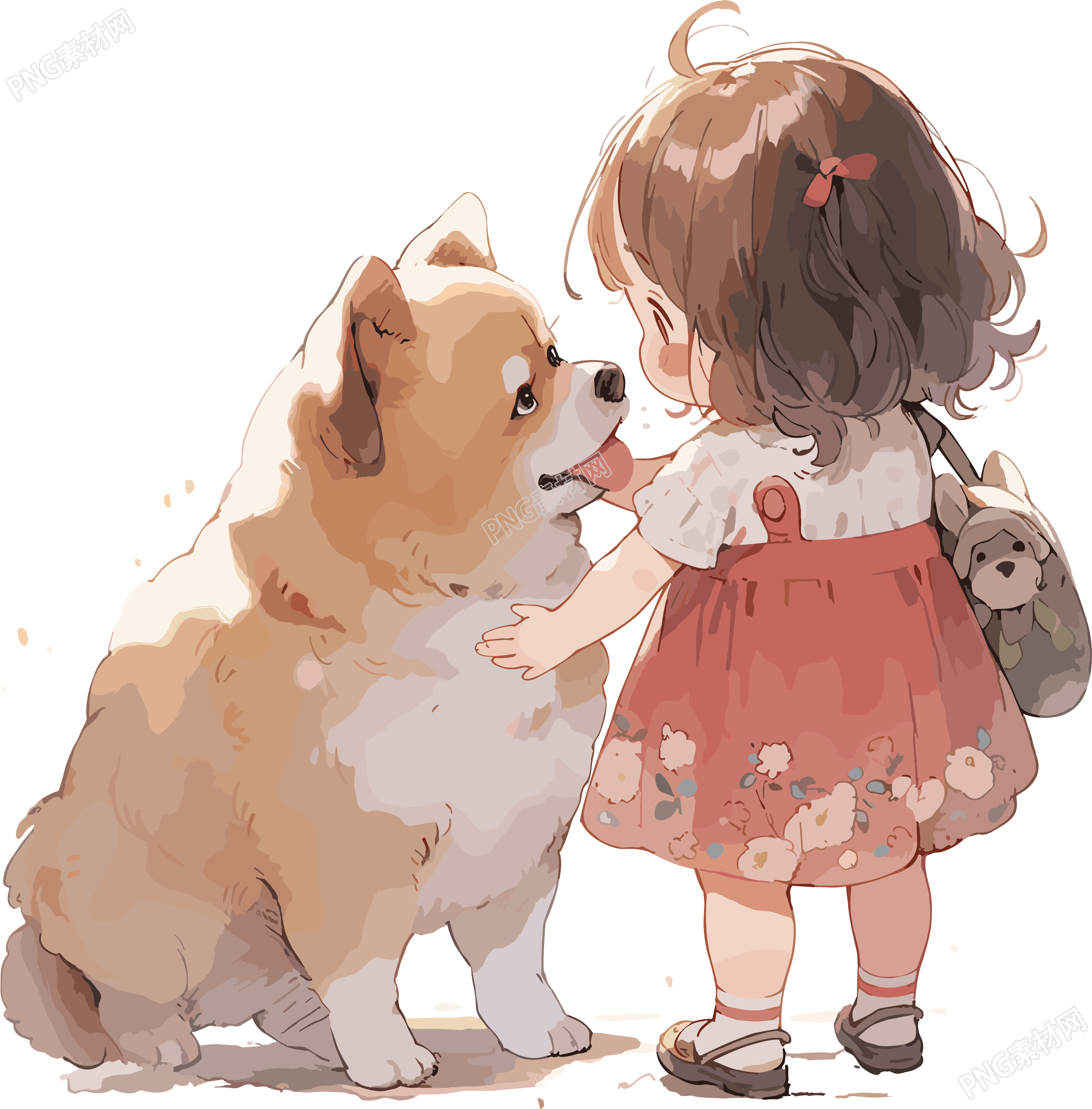 小女孩背影和可爱狗狗插画