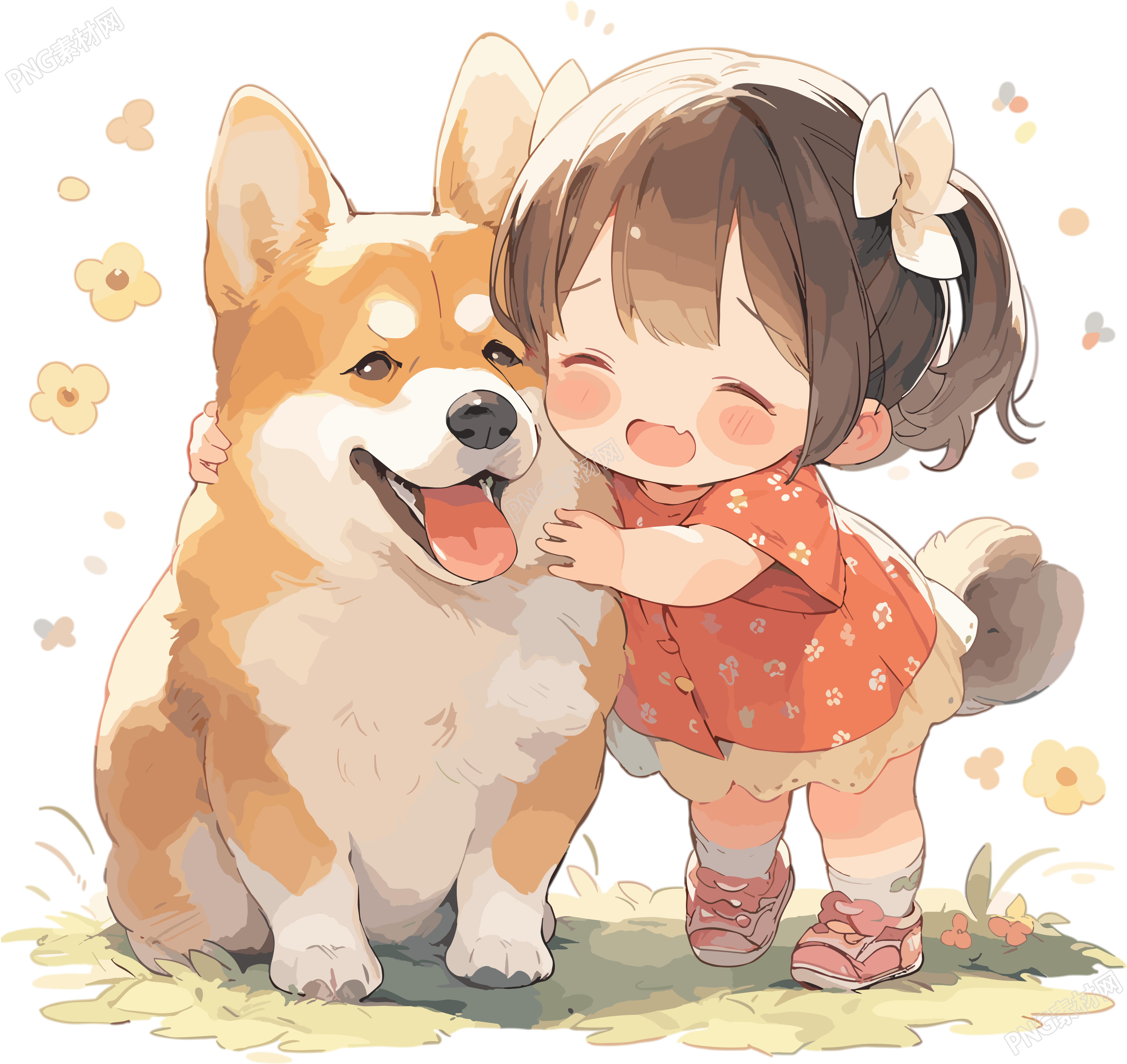 可爱小女孩和圆滚滚的狗狗开心的插画