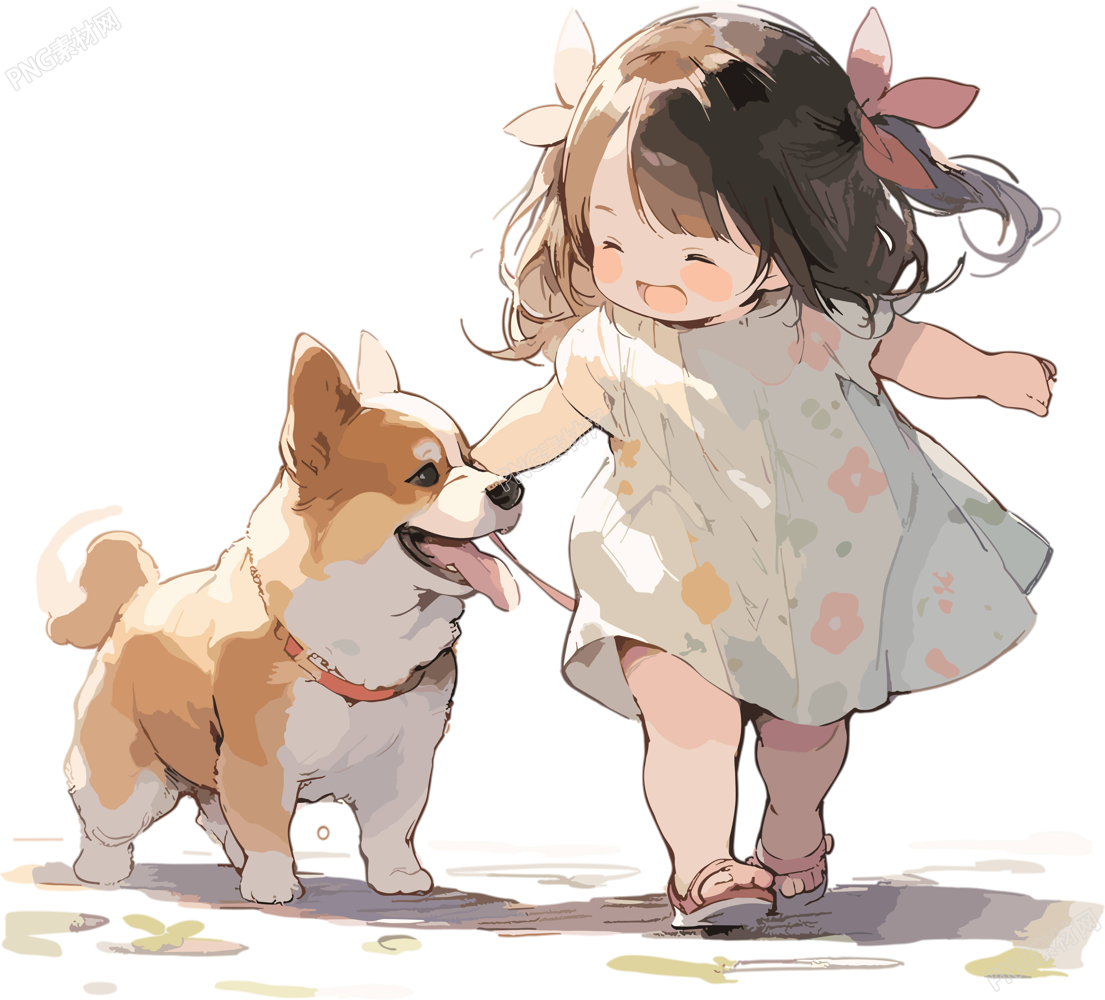 可爱动物携小女孩白色背景插画
