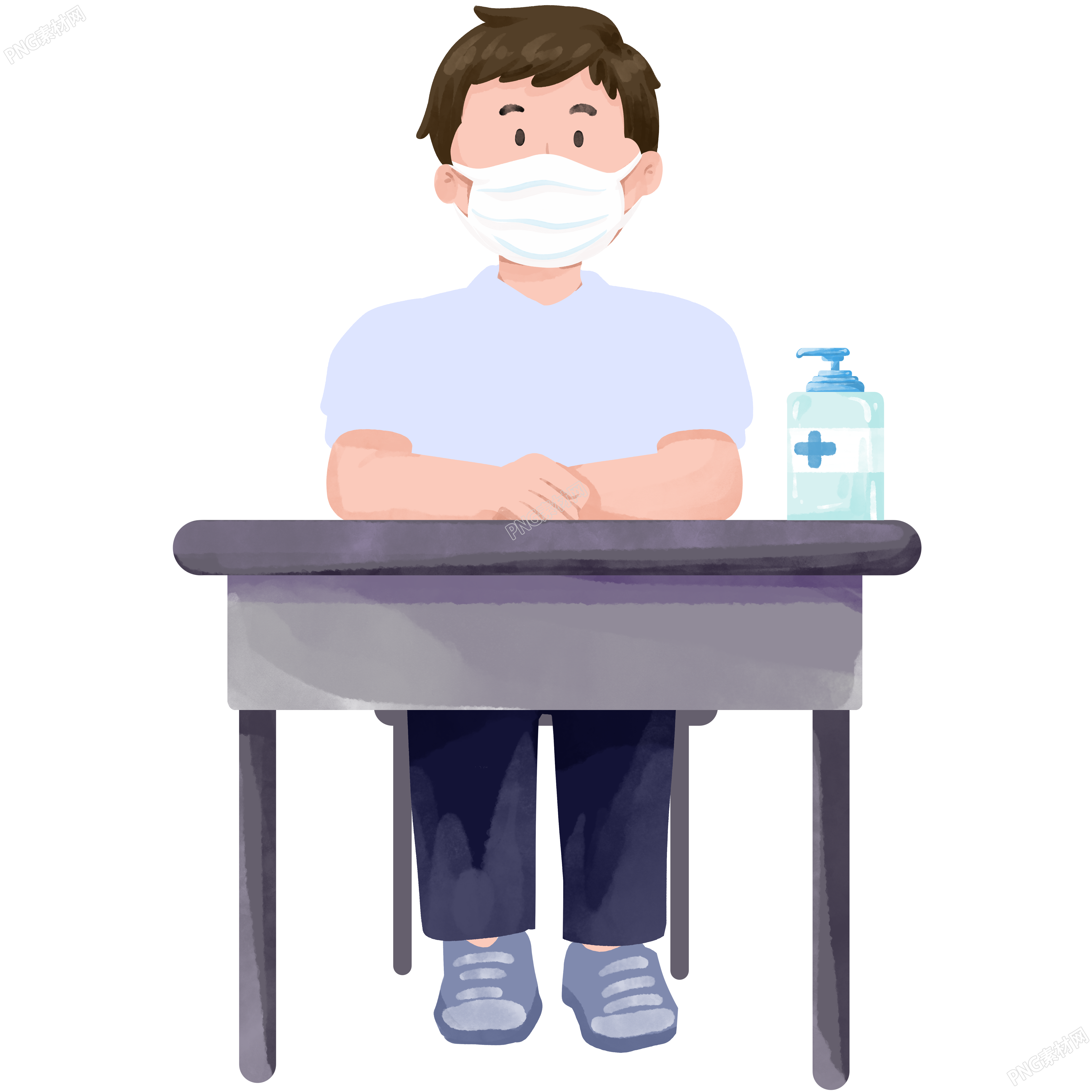 学生带口罩预防流感手绘插画