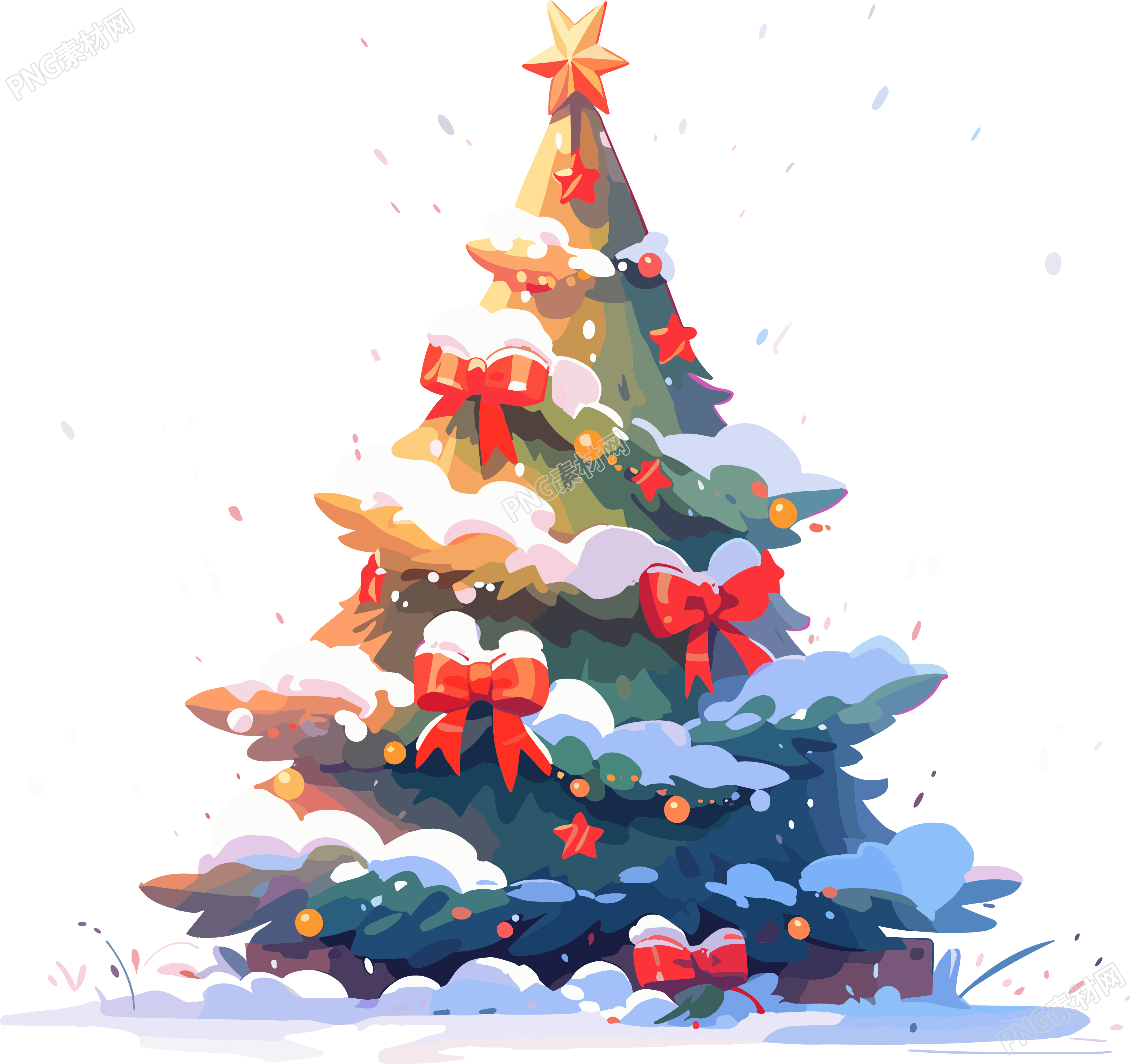 落雪的圣诞树红色蝴蝶结插图