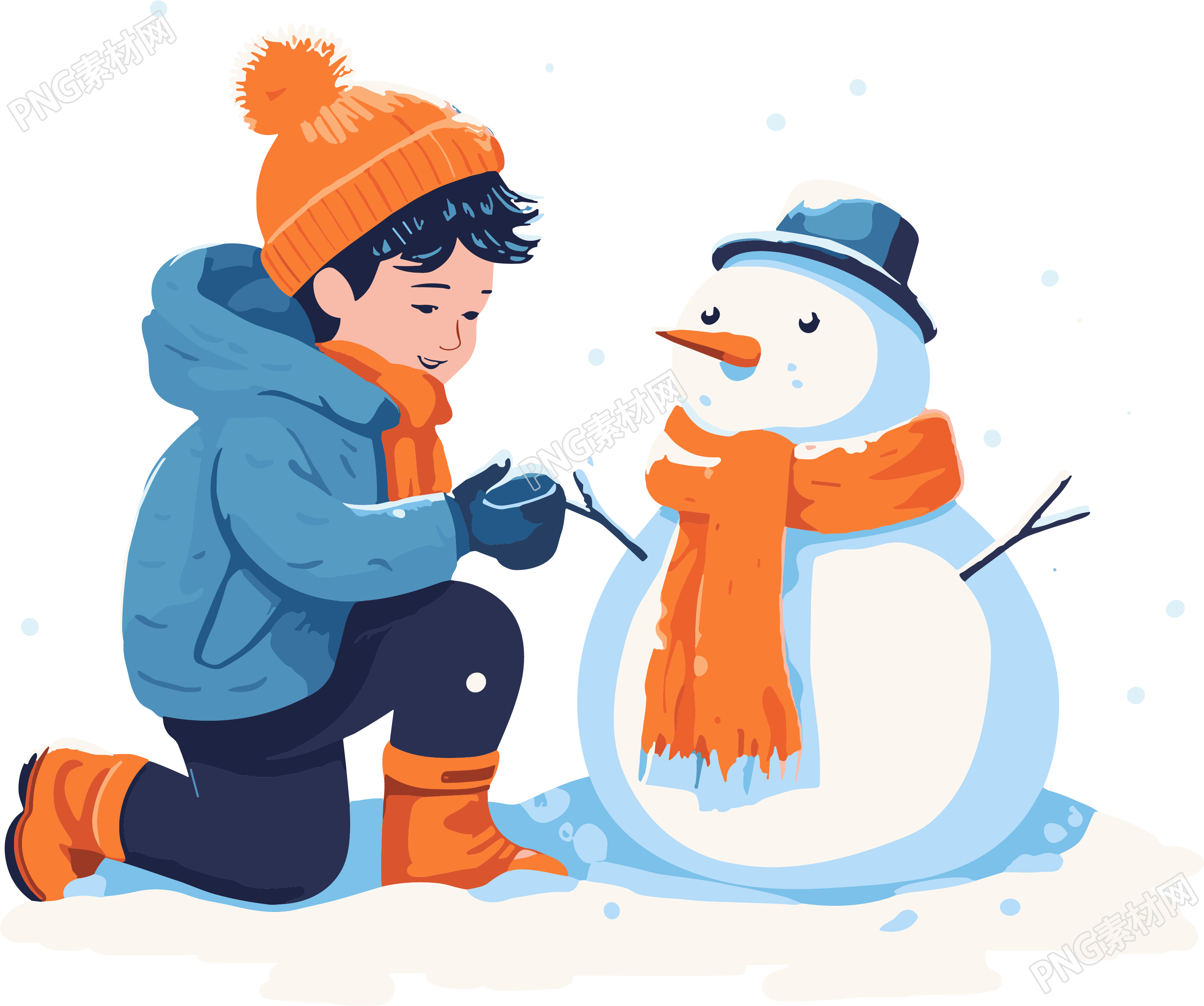 冬季雪地里玩耍的男孩和雪人扁平插画设计