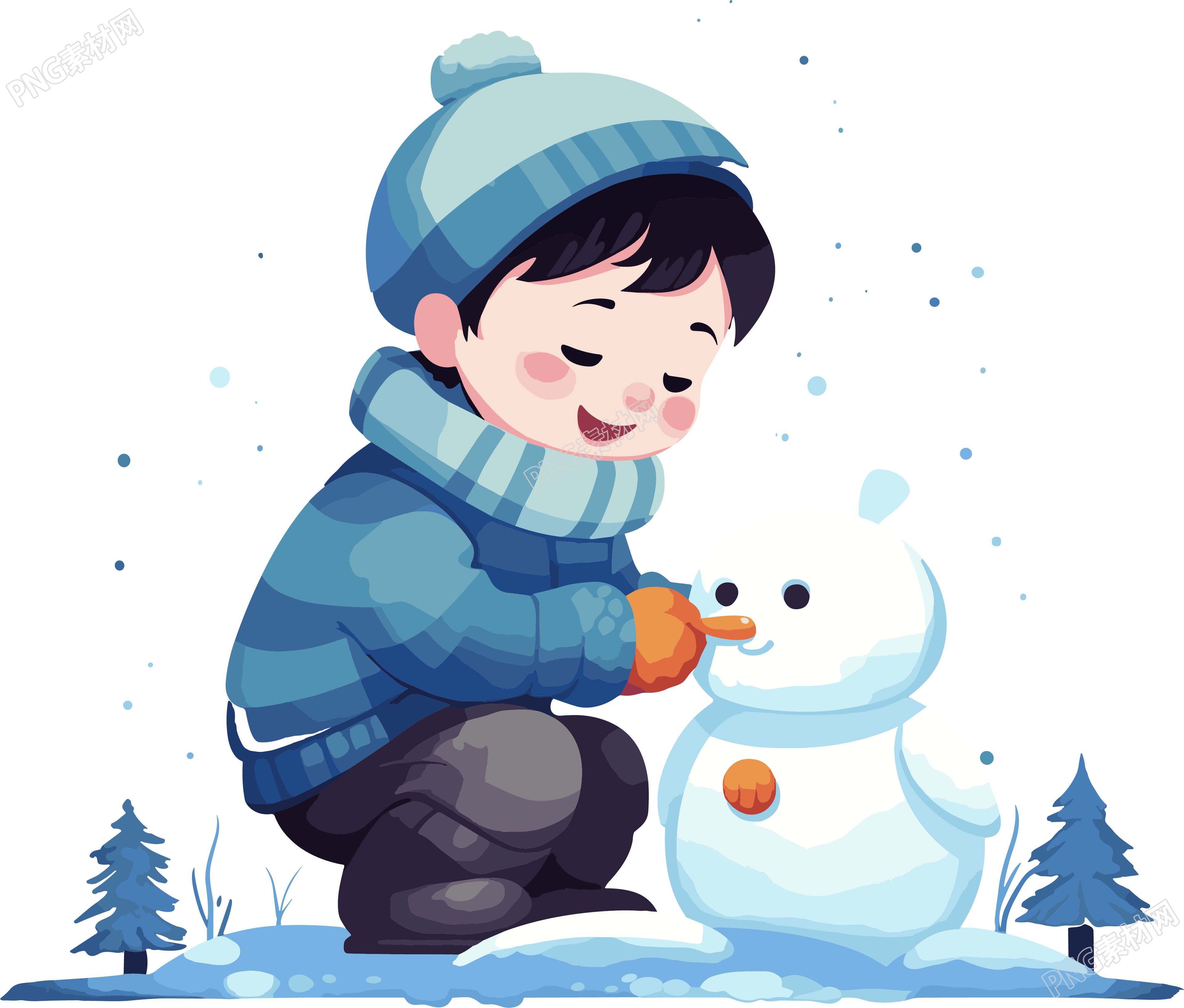 和小雪人玩耍的男孩插画