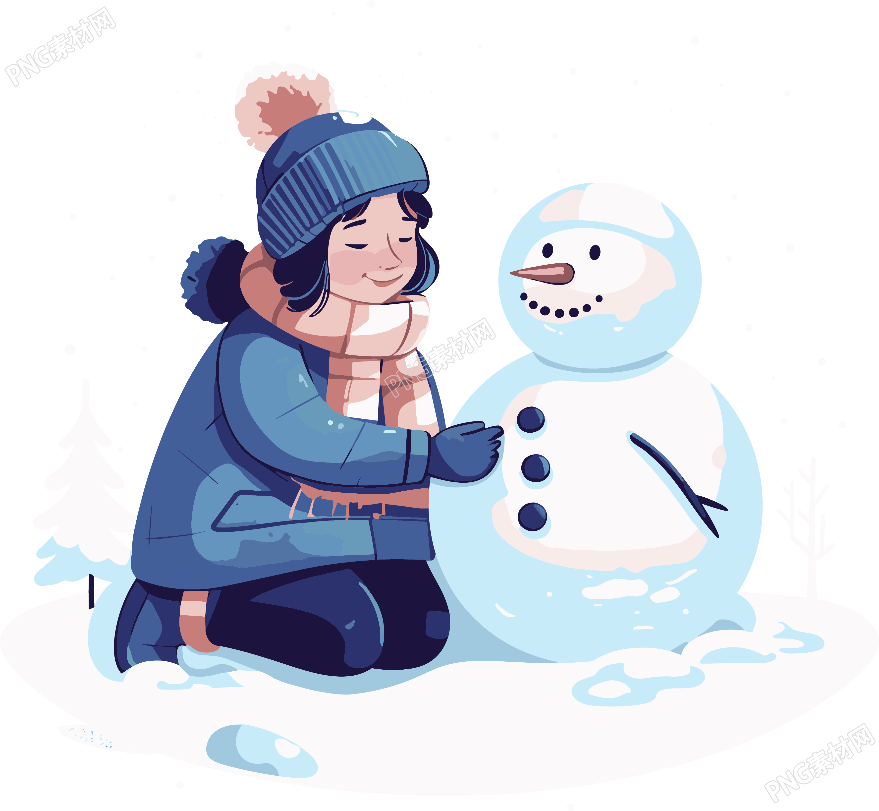 卡通风格堆雪人的小女孩插画