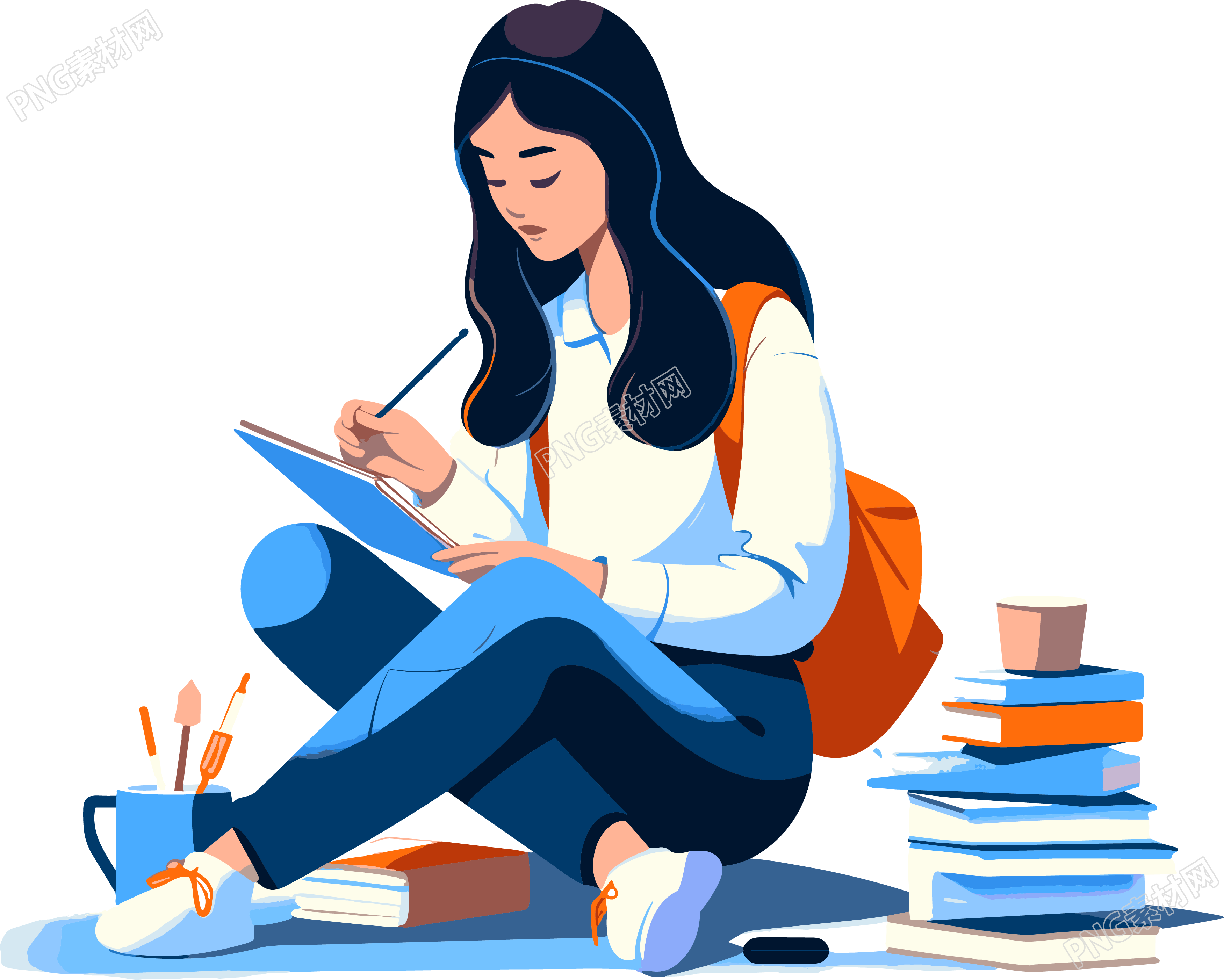 坐在地上学习的学生插图设计
