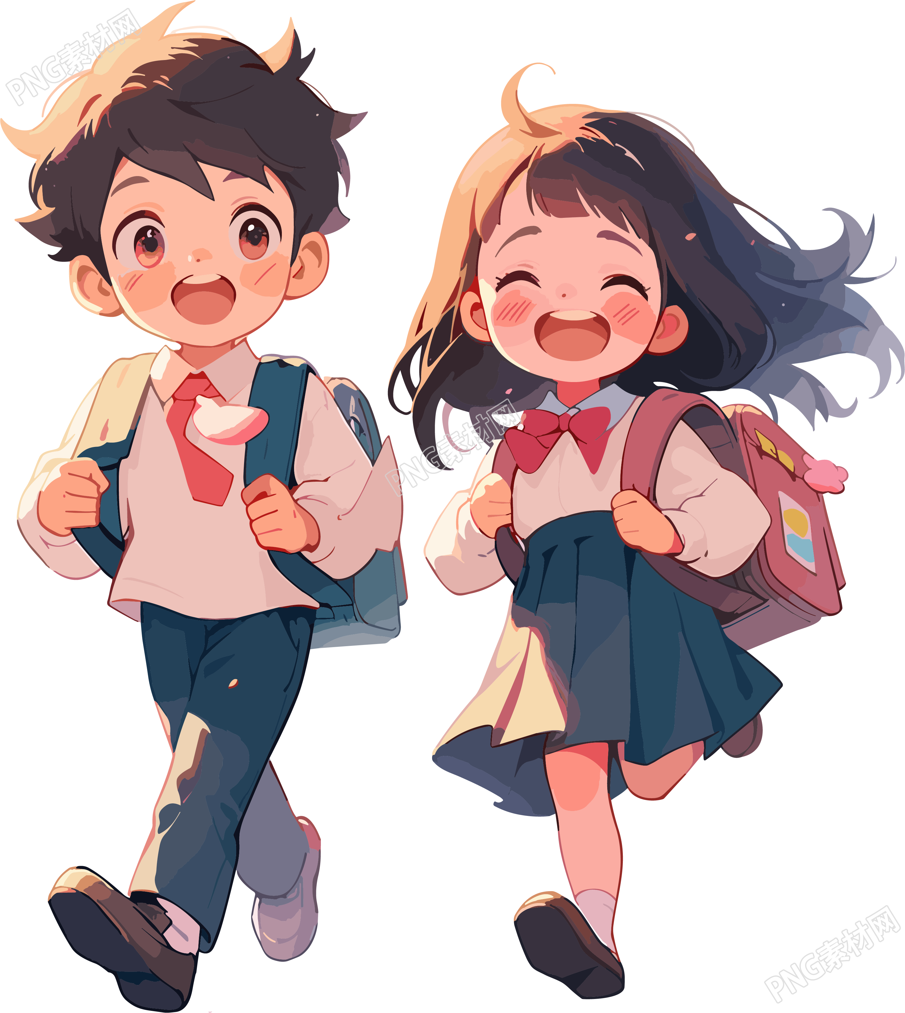 学生背书包的男孩女孩开心放学插画