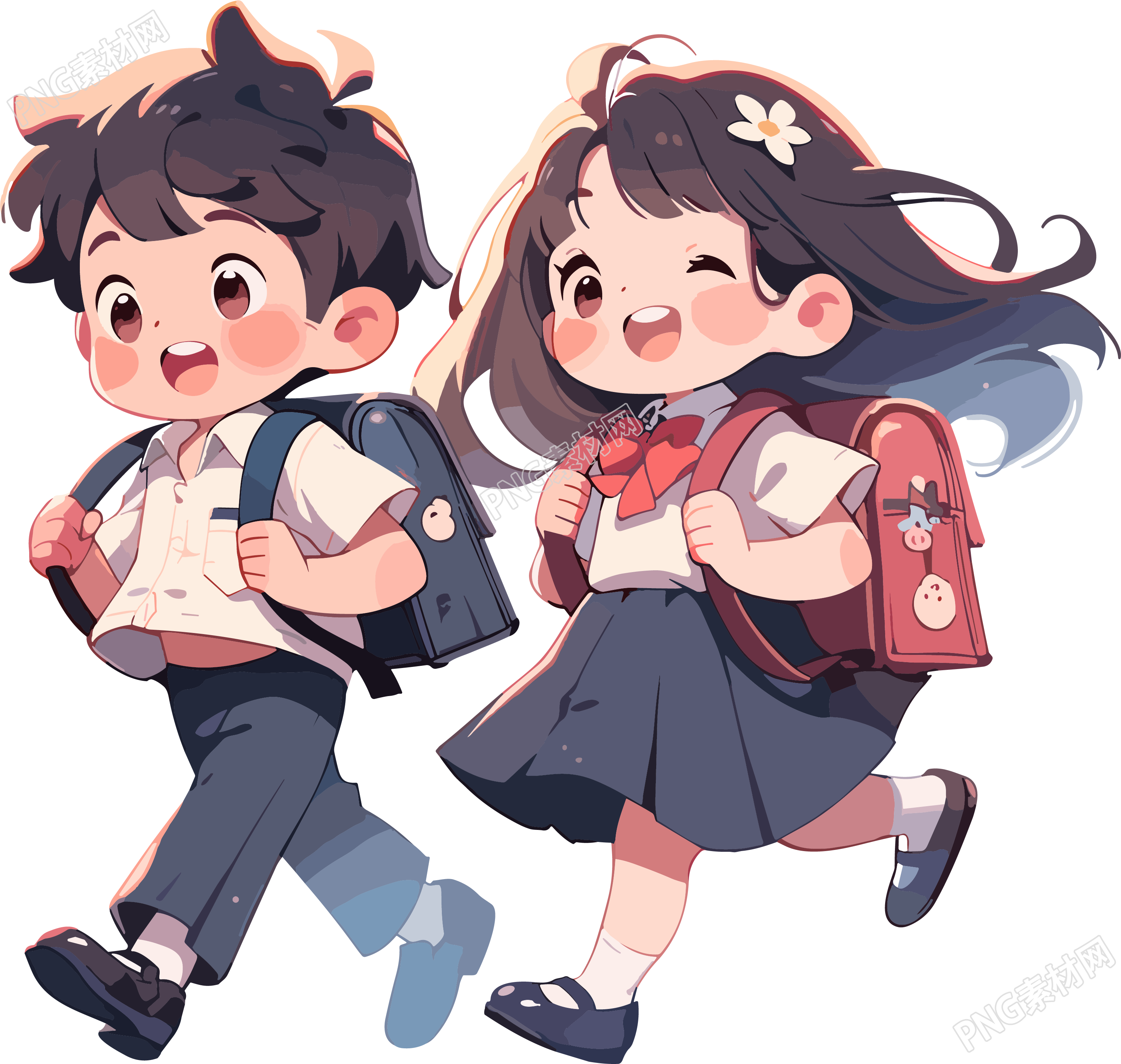 快乐小学生背着书包扁平插图