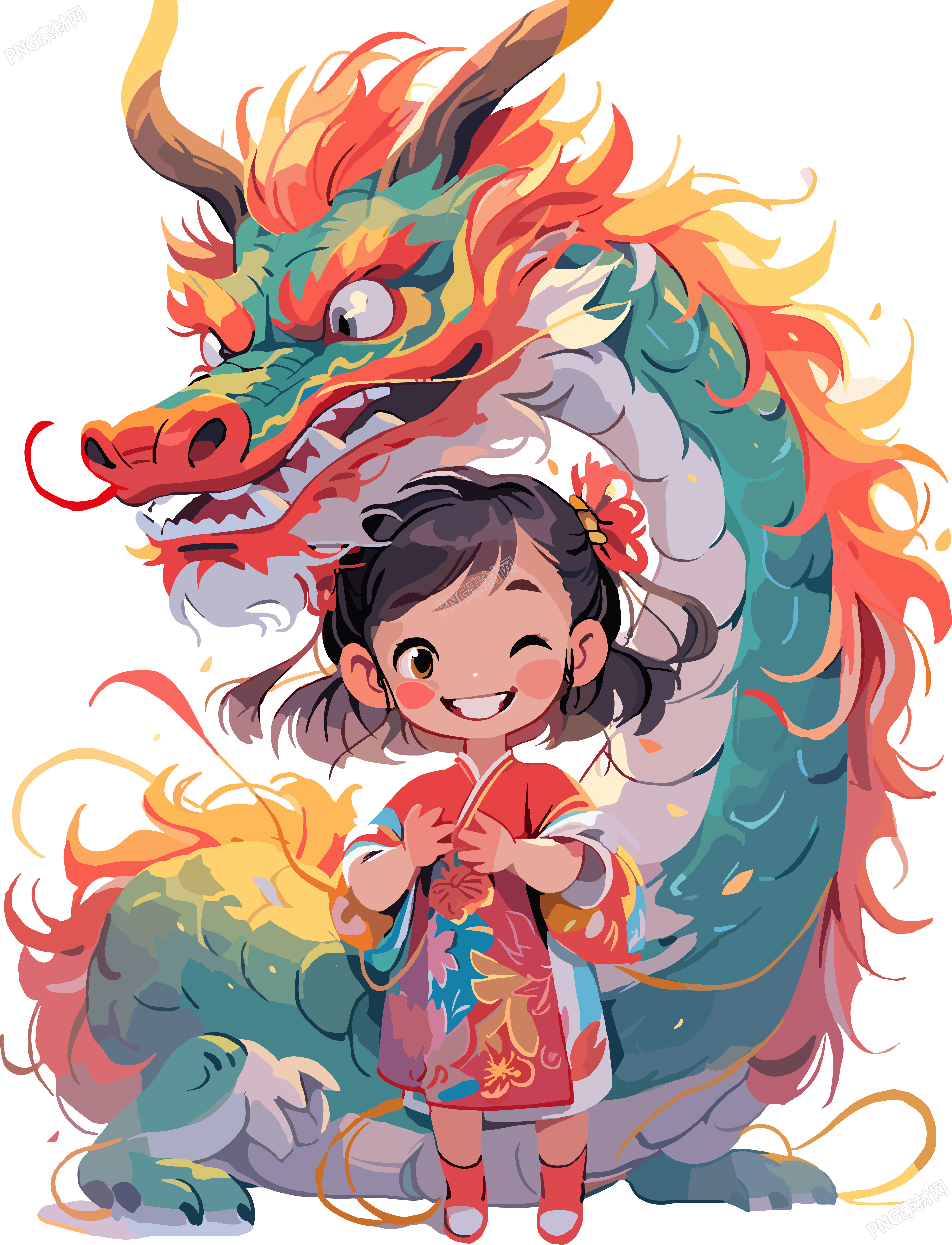中国龙和小女孩插画