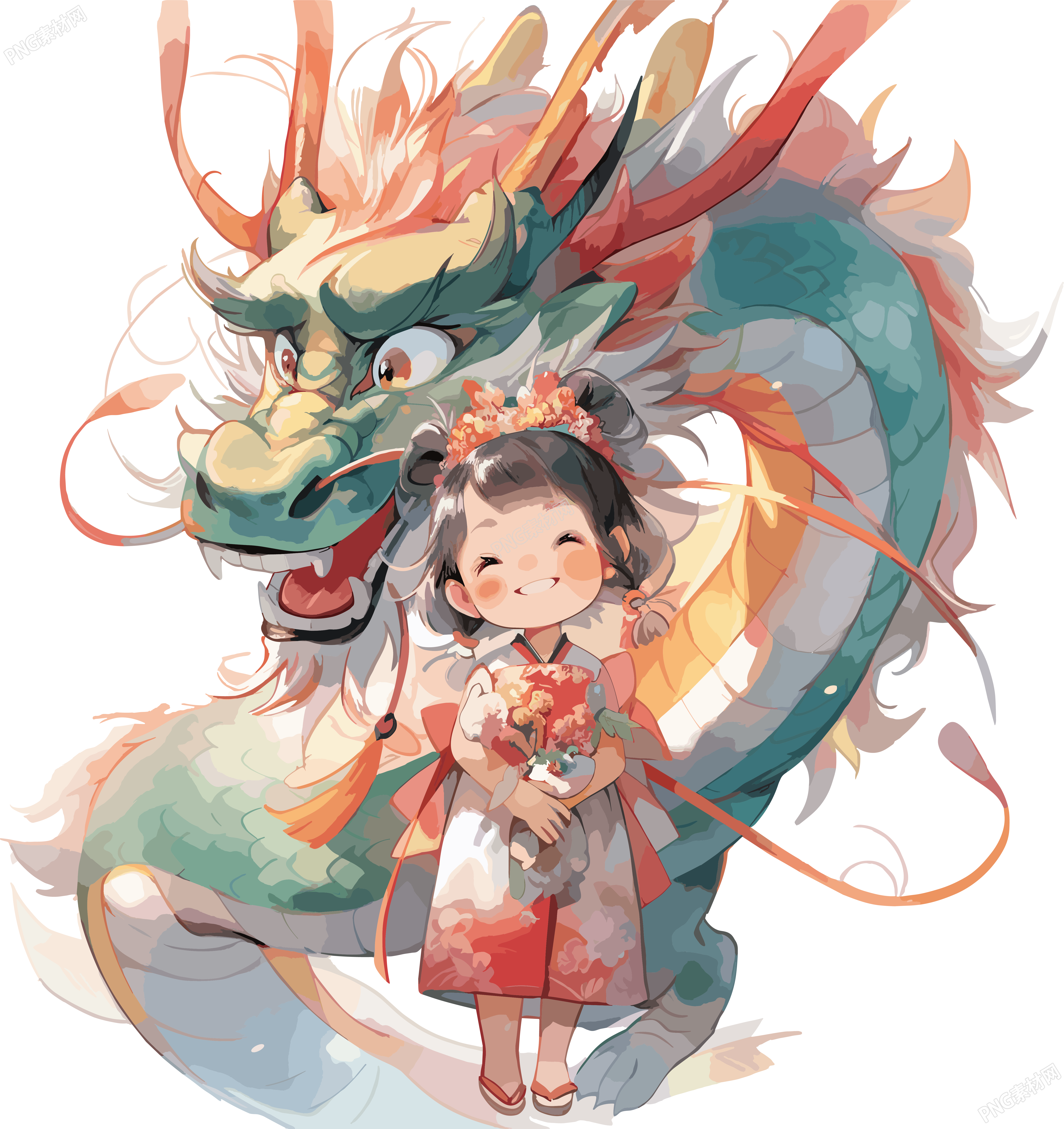 中国龙和小女孩彩色服装插图