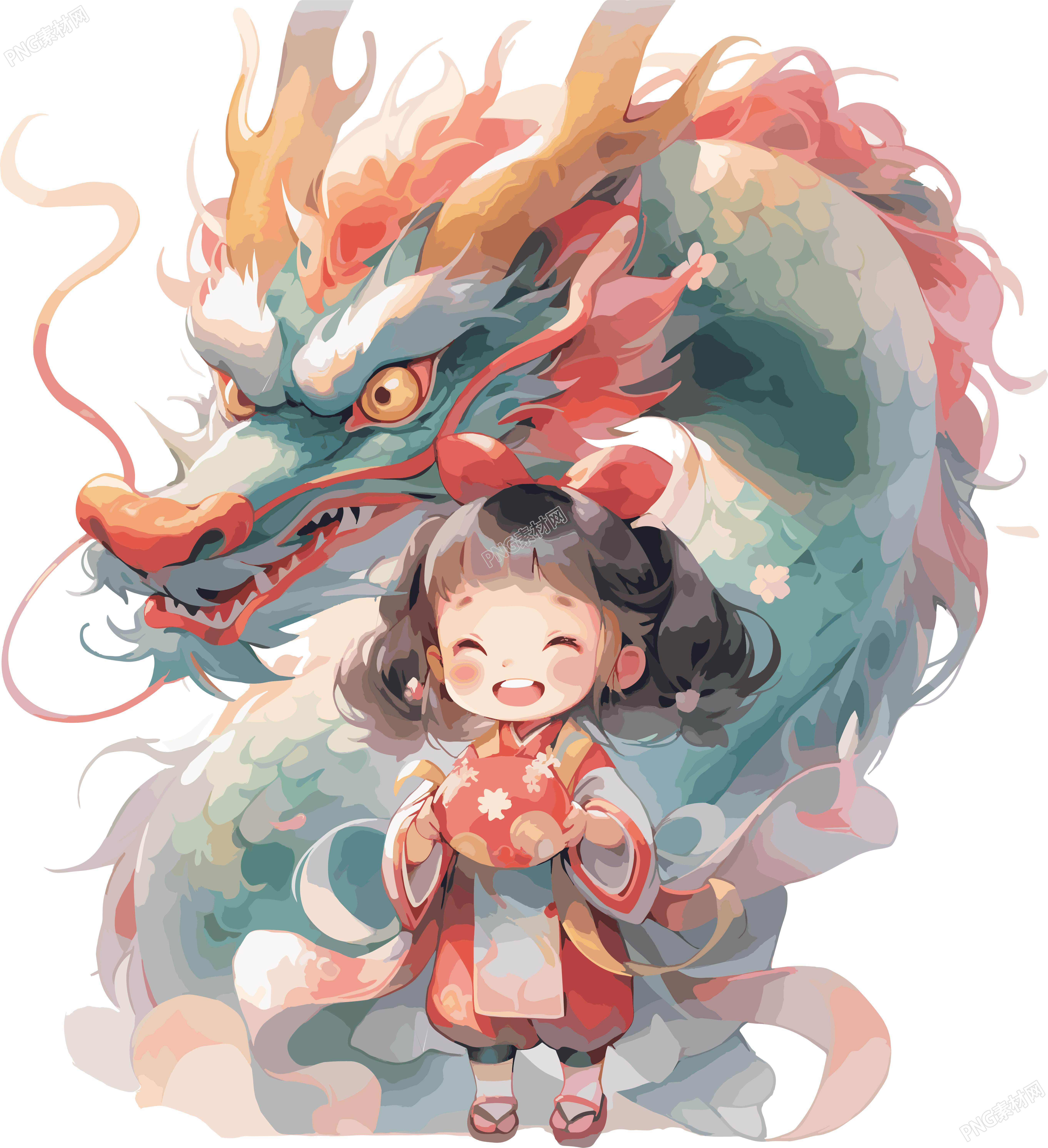 中国传统文化中国龙和小女孩插画