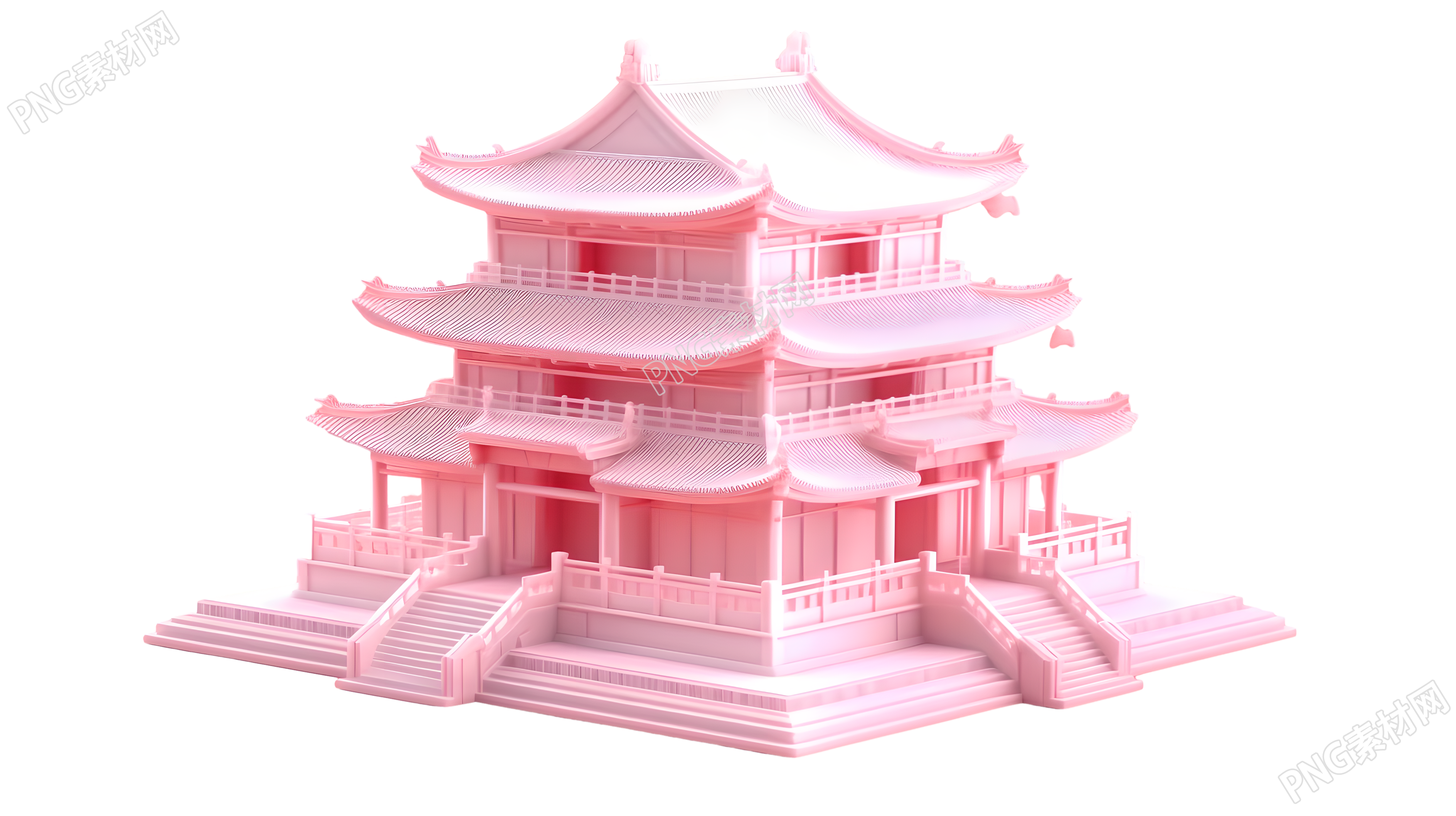 粉色玻璃感新中式建筑插圖