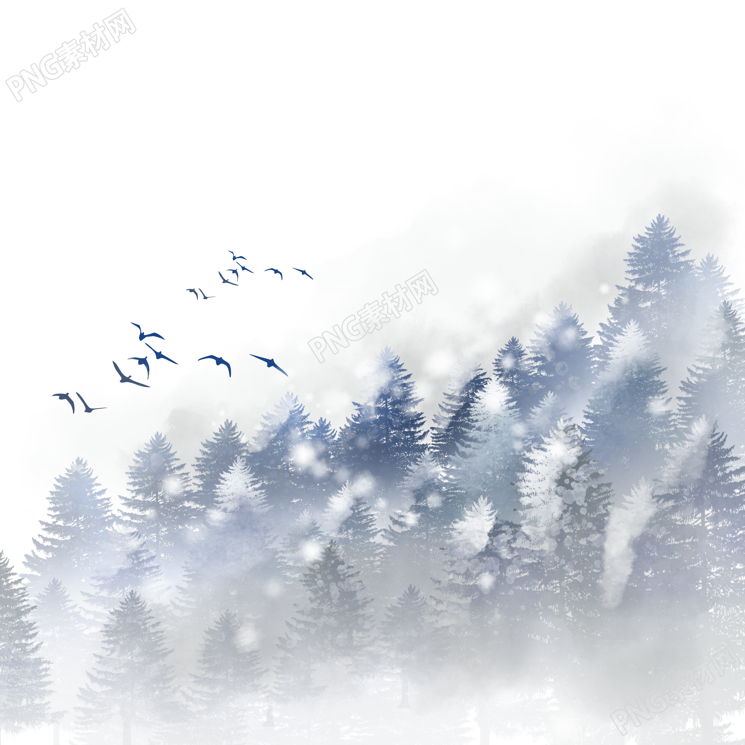 大雪纷飞的树林和飞鸟透明背景元素