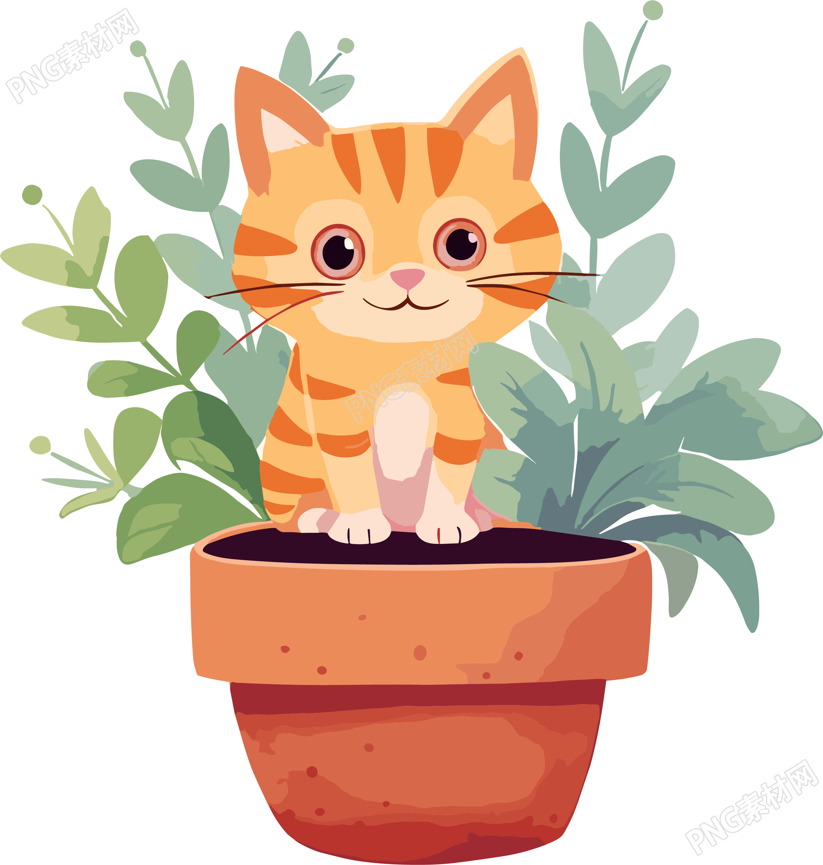 儿童绘本可商用盆栽猫猫插画