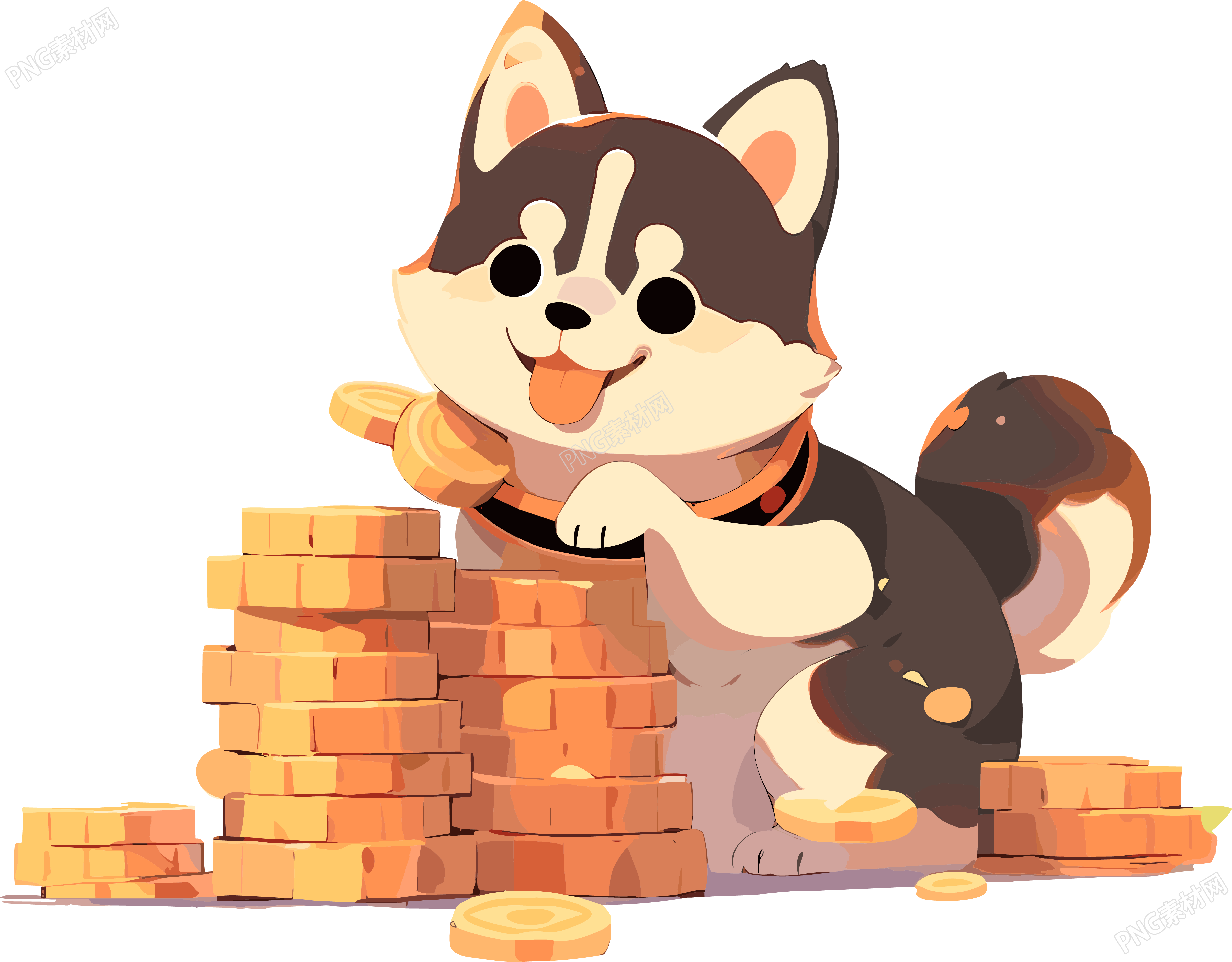 金幣旁邊的柴犬火木卡通插畫素材