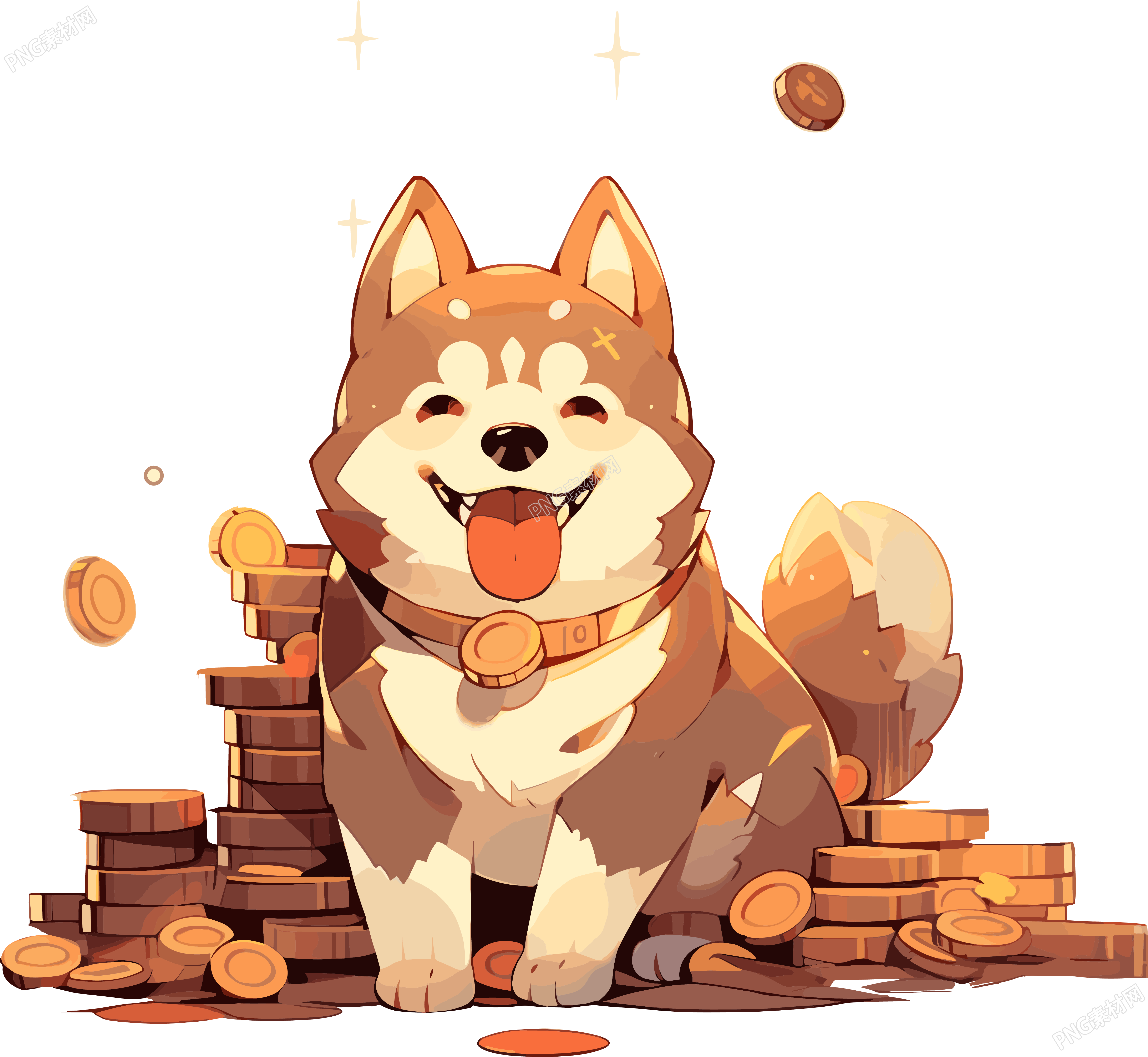 金币旁边的柴火狗卡通插画素材