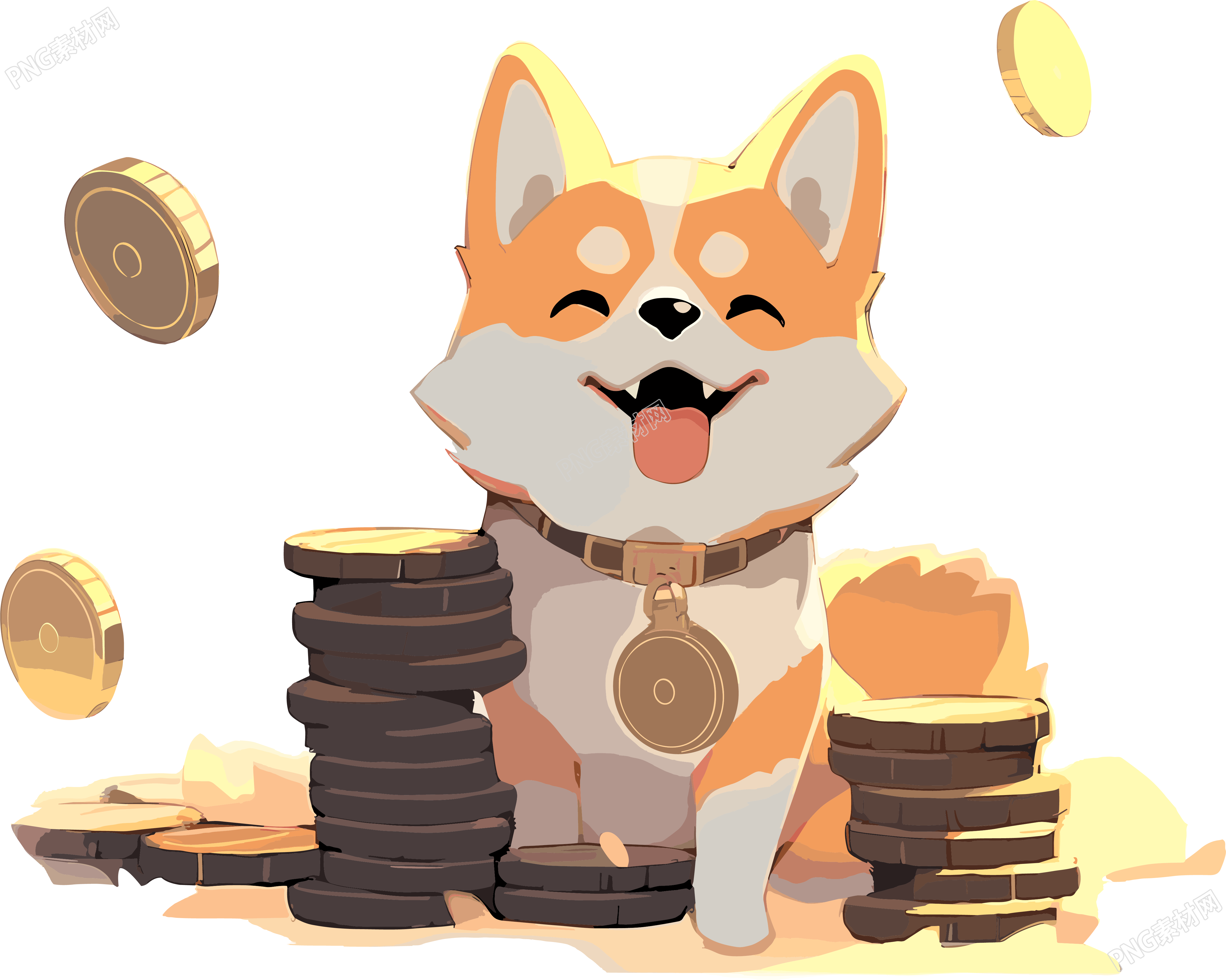 金币旁边的柴犬火柴狗素材