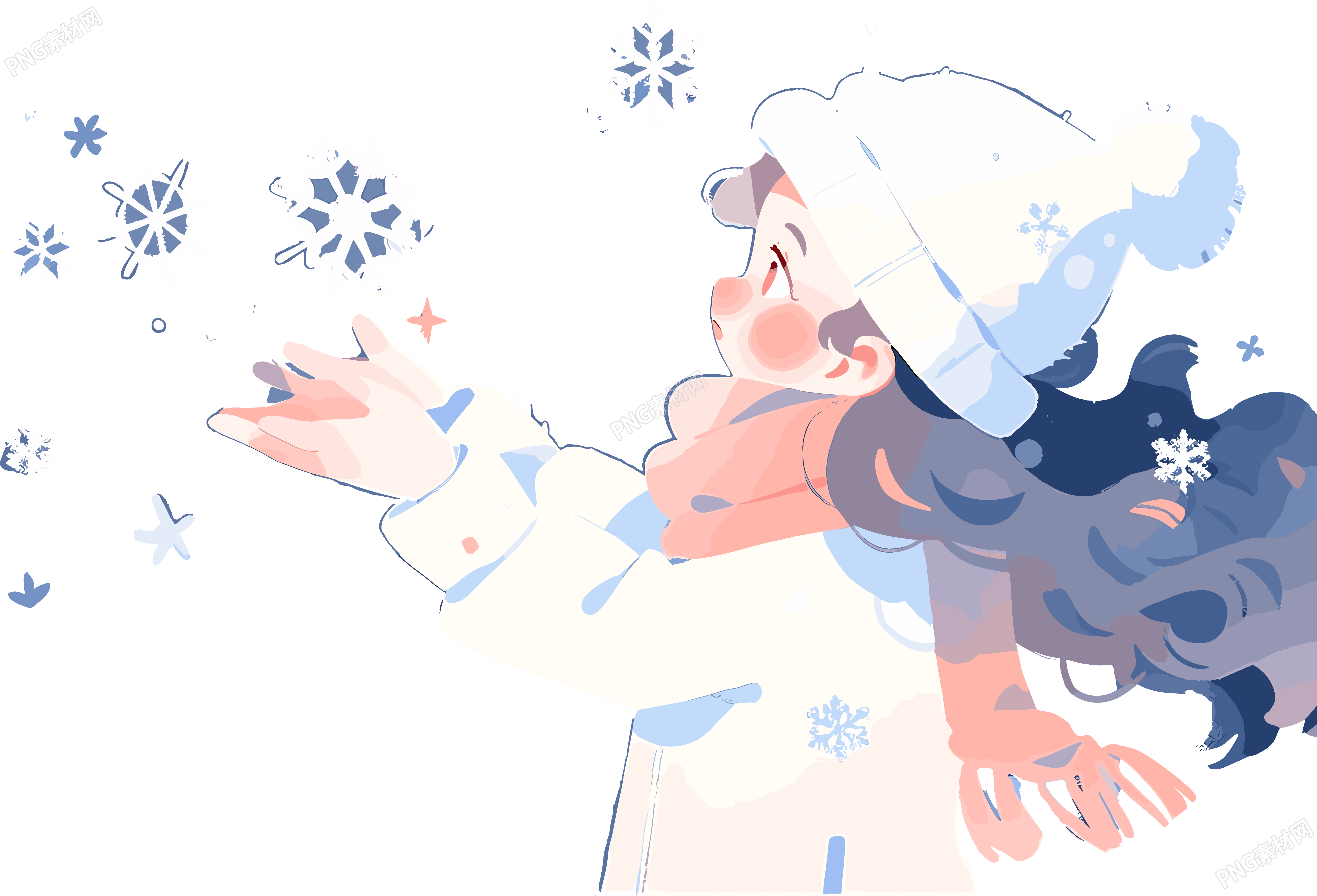 雪景小女孩雪花舞动扁平插画