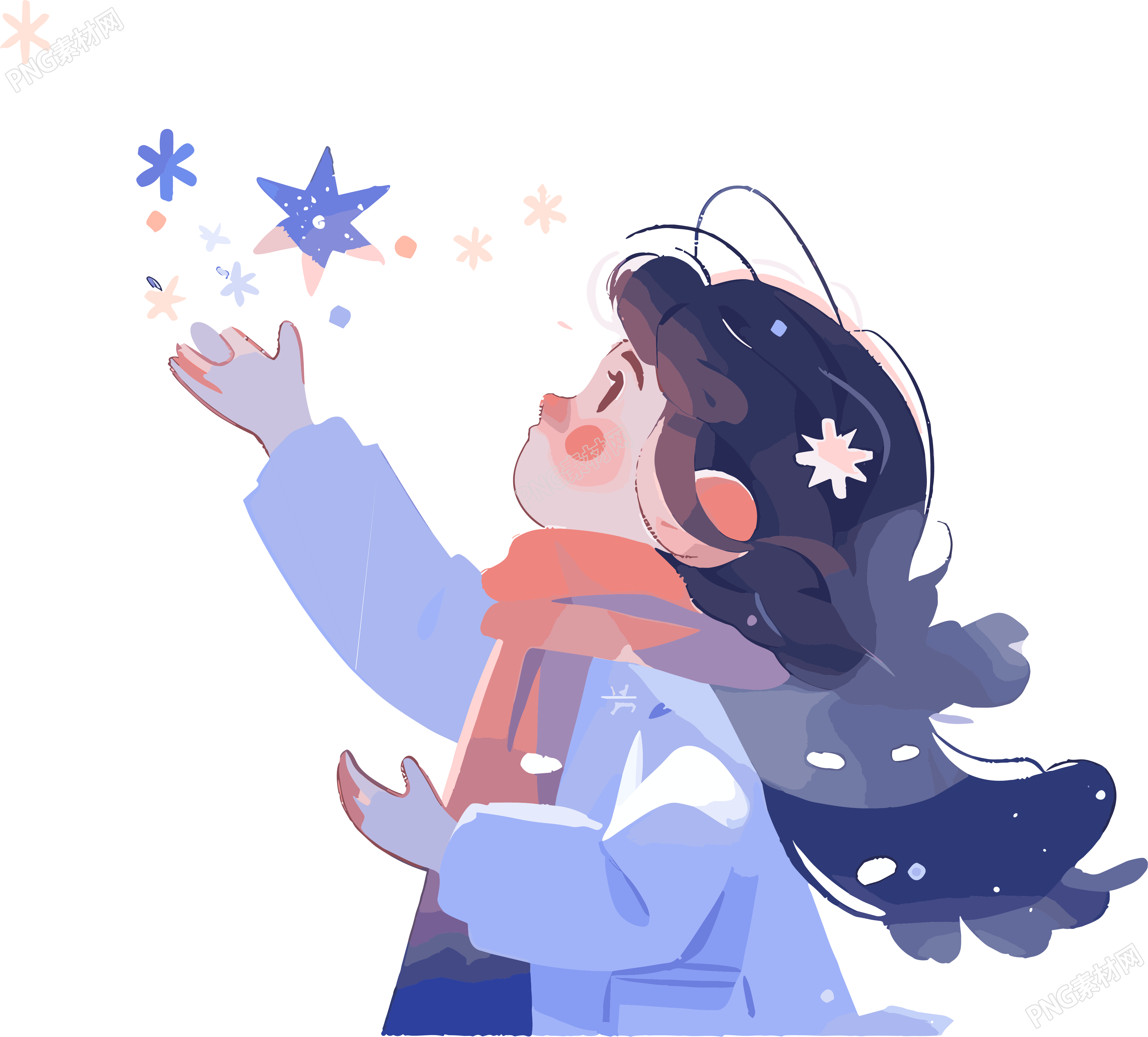 雪景小女孩雪花舞动的插画