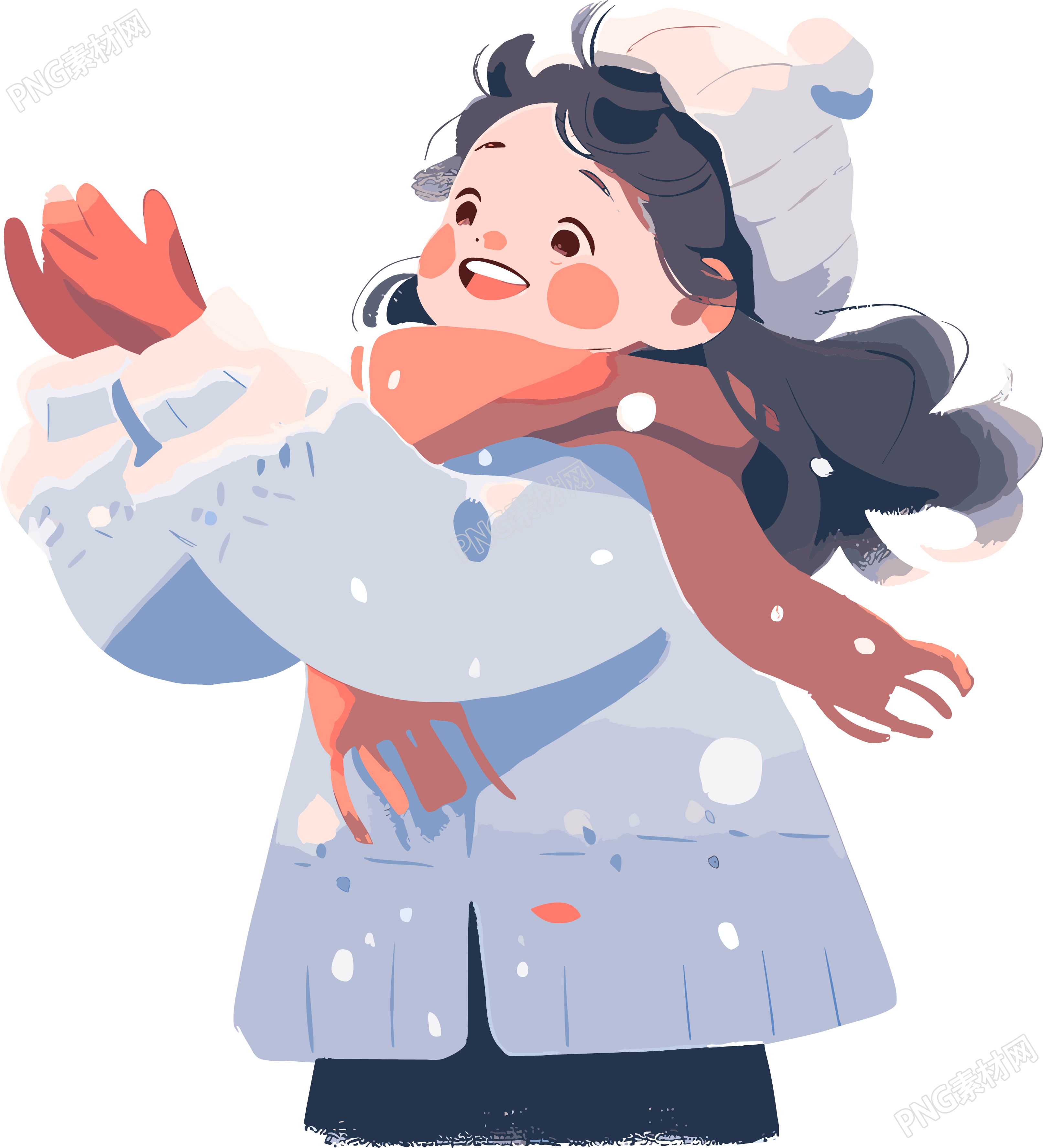 雪景小女孩缤纷雪花2D插画素材