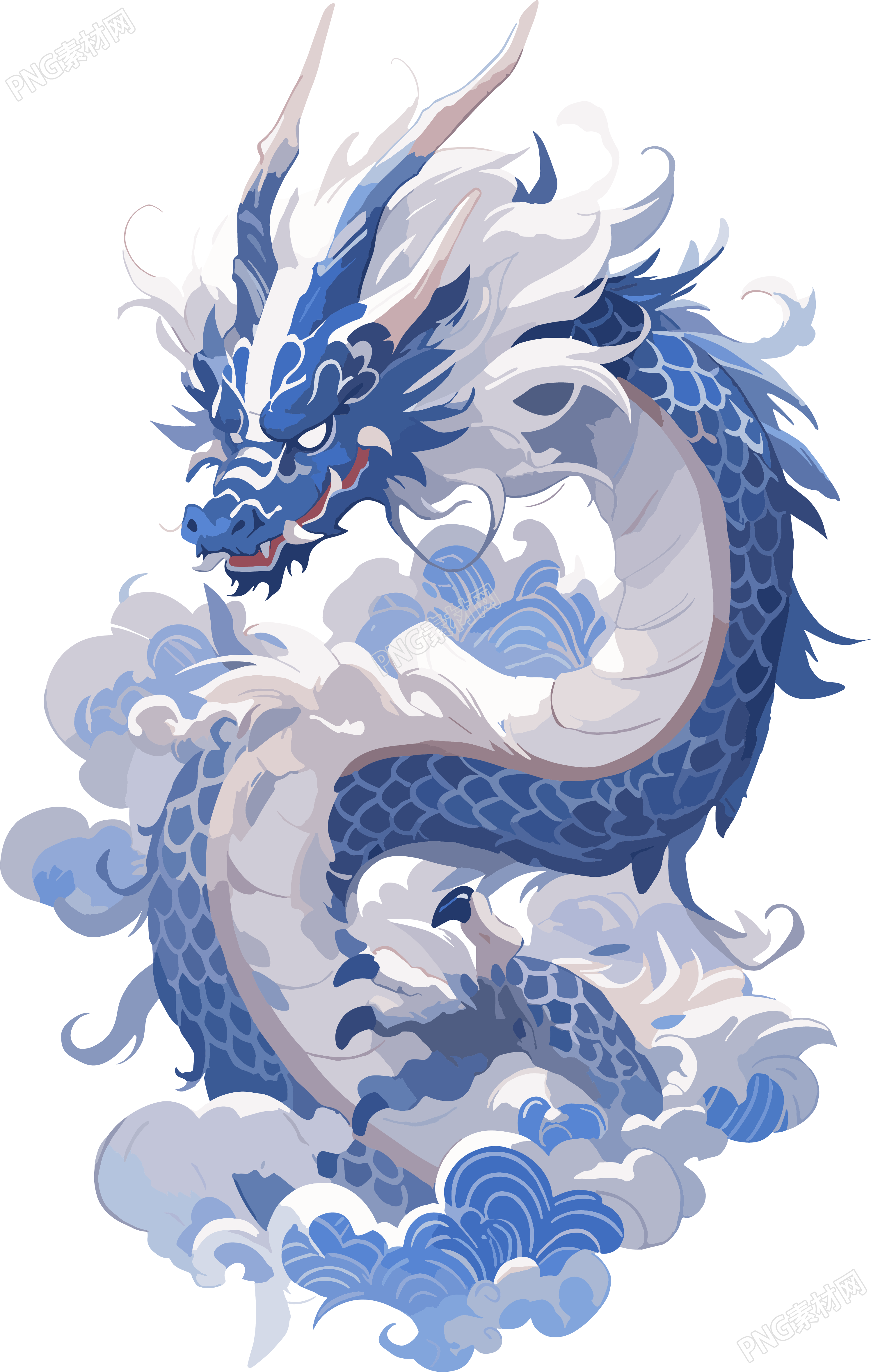 中国龙与蓝白瓷器平面插画