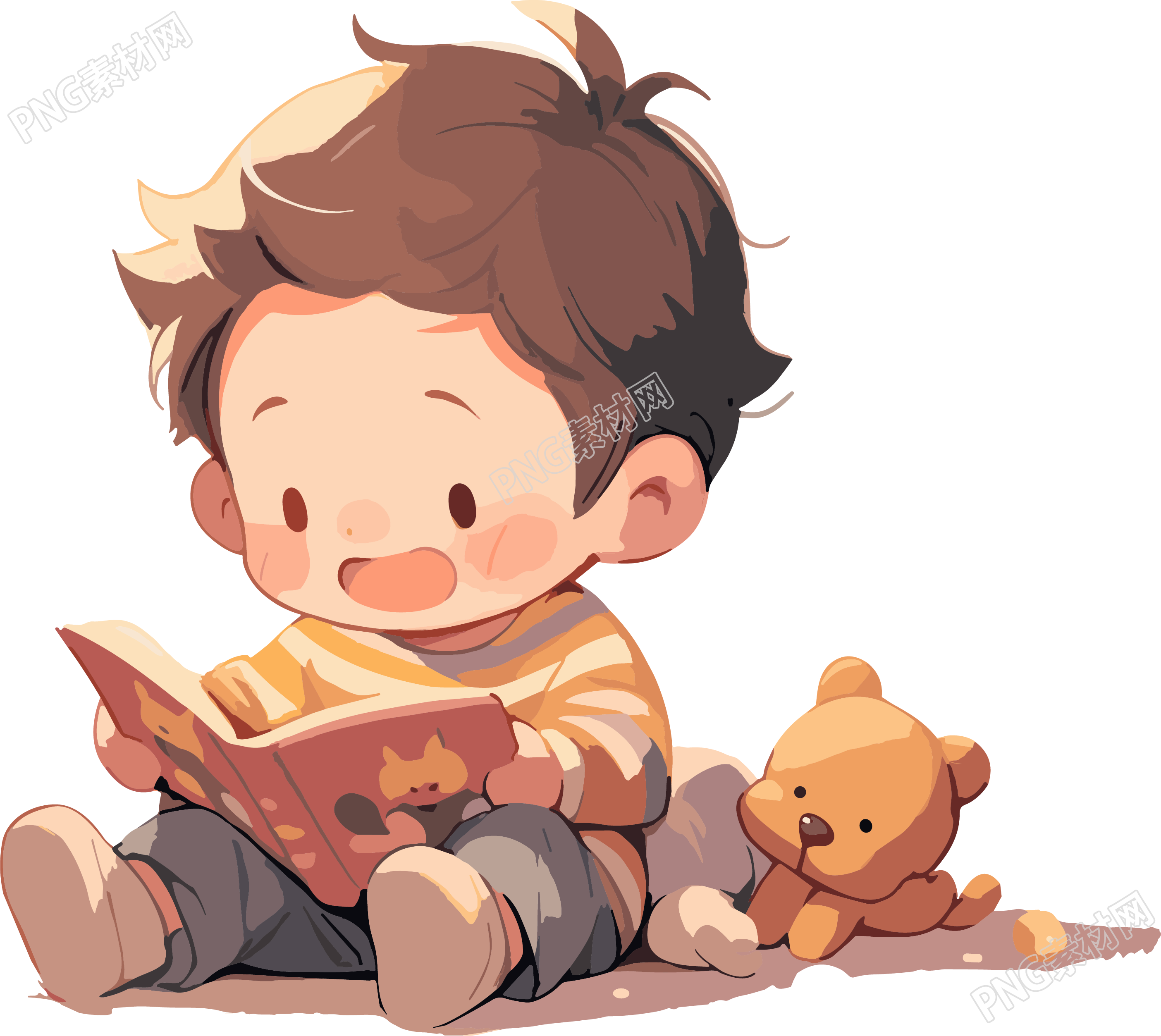 小男孩讀書2D圖形插畫