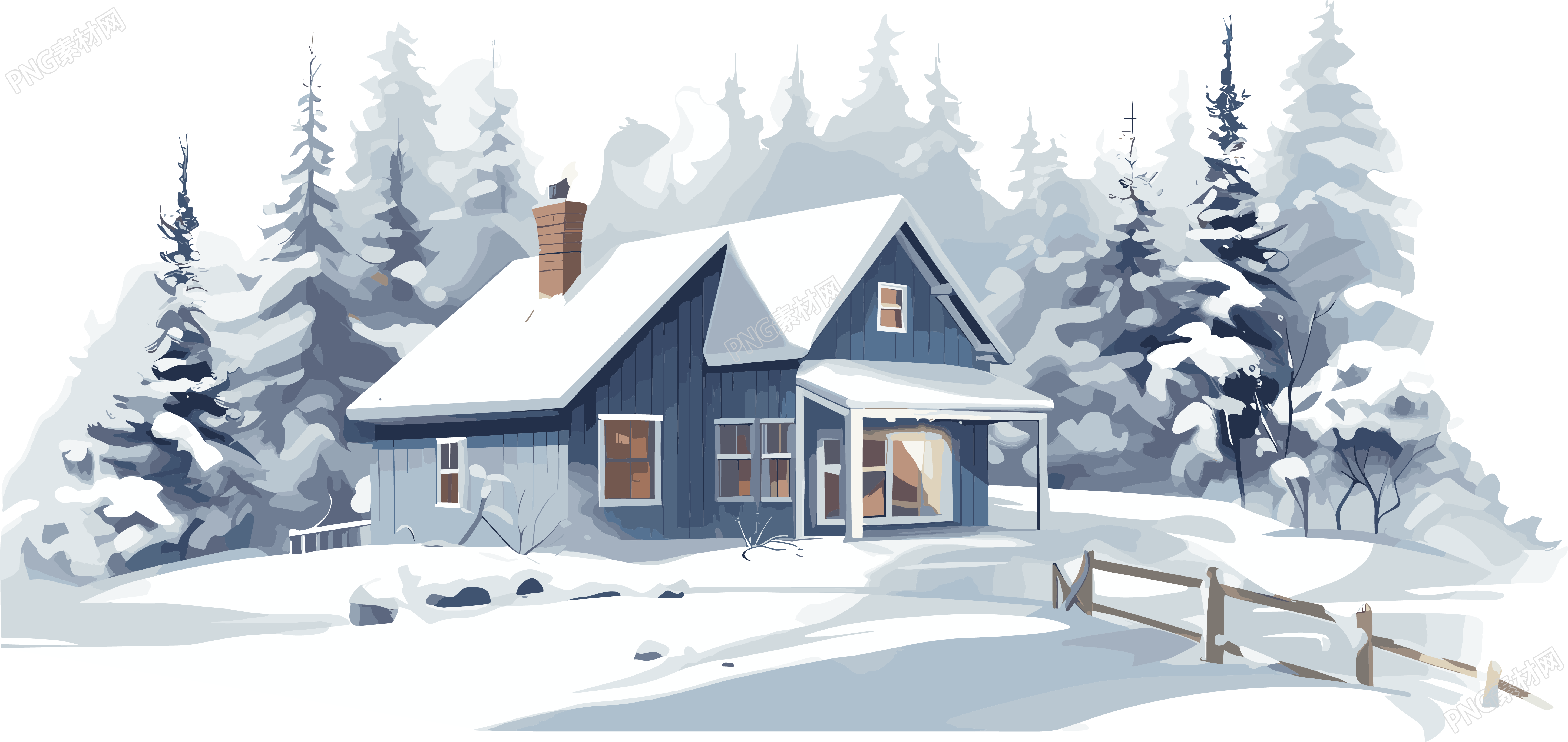 雪地上的安静小屋2D平面图插画