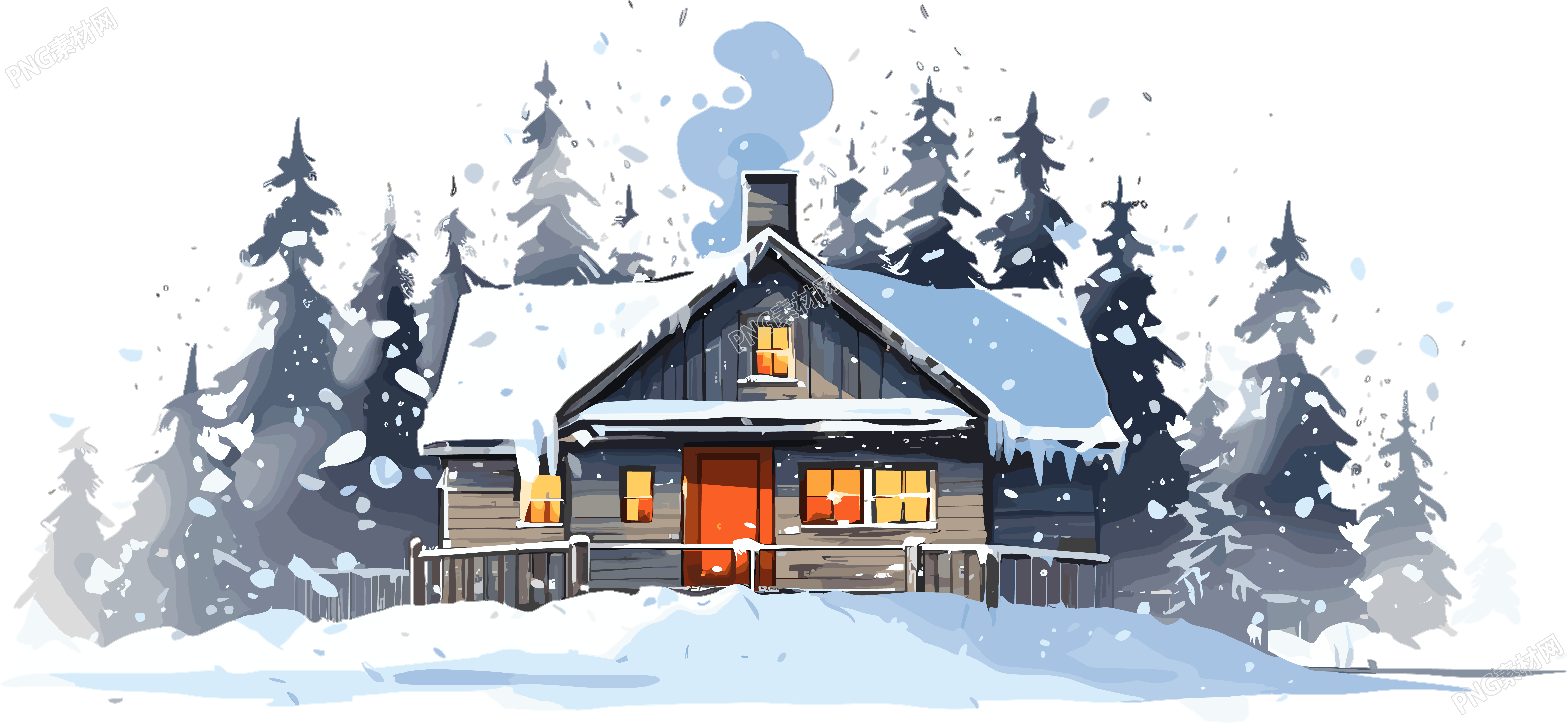 雪中的安静小屋2D平面图插画