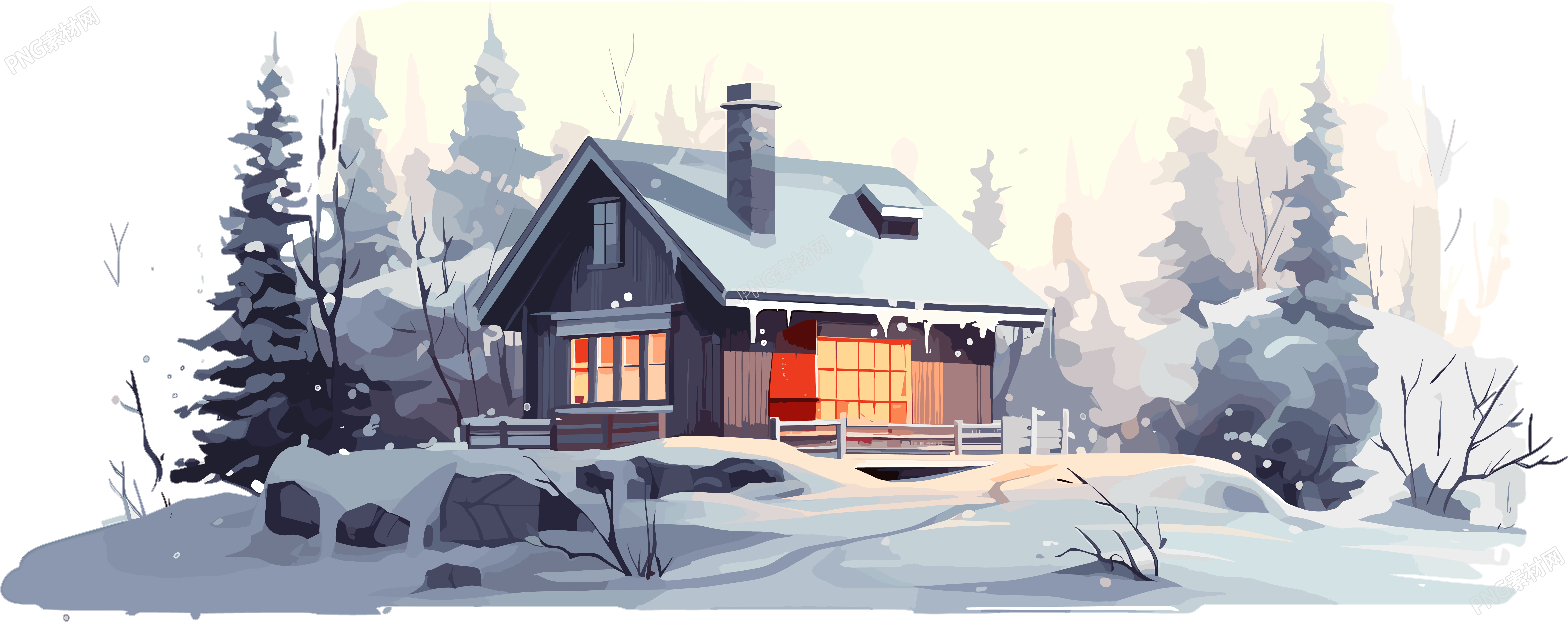 雪地上的安静小屋2D楼层平面图插画