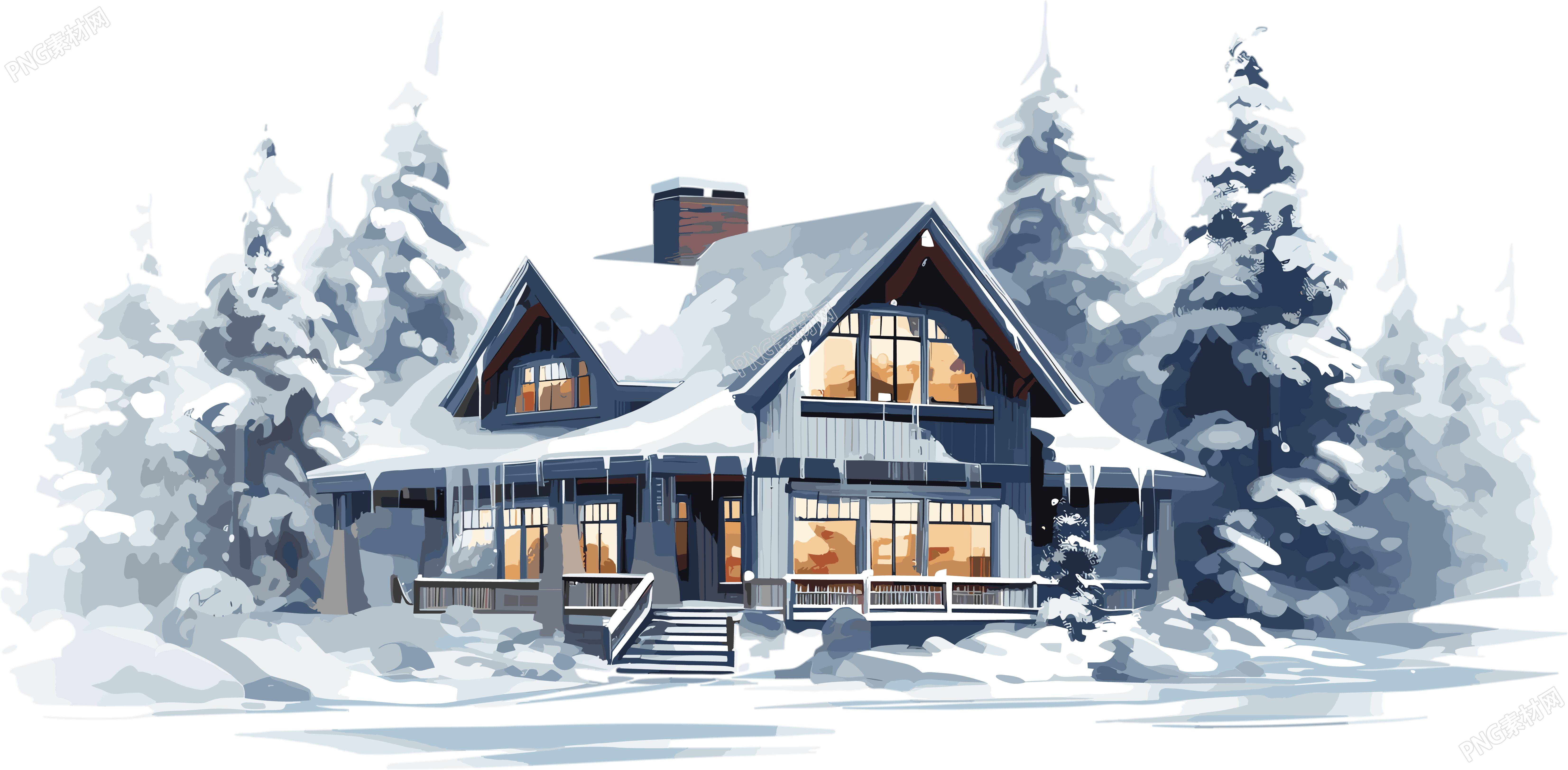 雪地上的宁静小屋2D平面图插画