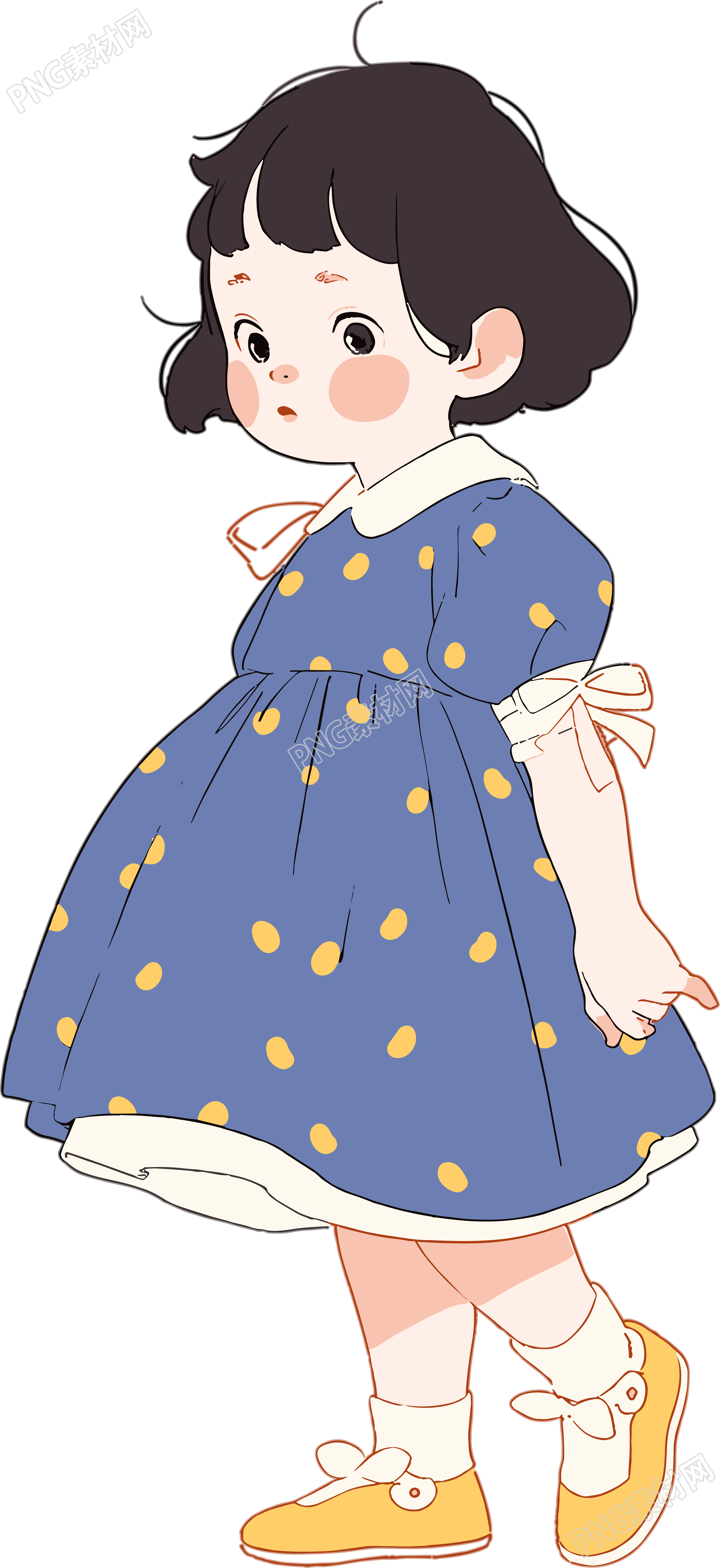 蓝色裙子的可爱小女孩插画PNG素材
