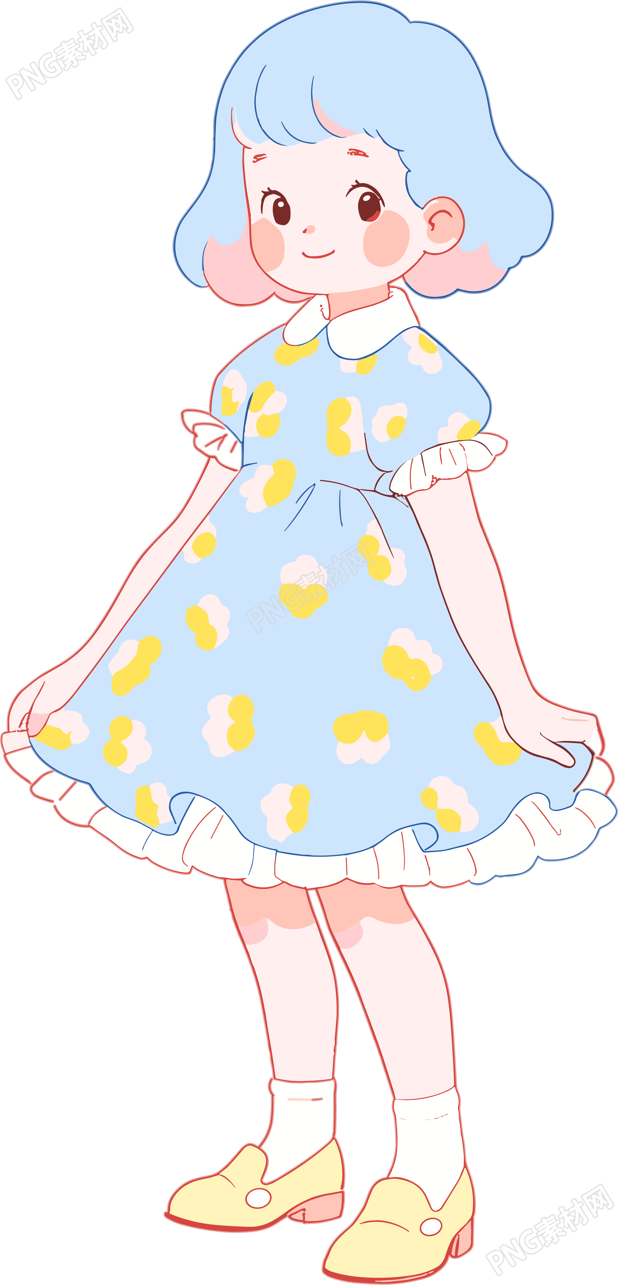 小女孩迷人的蓝裙子插画