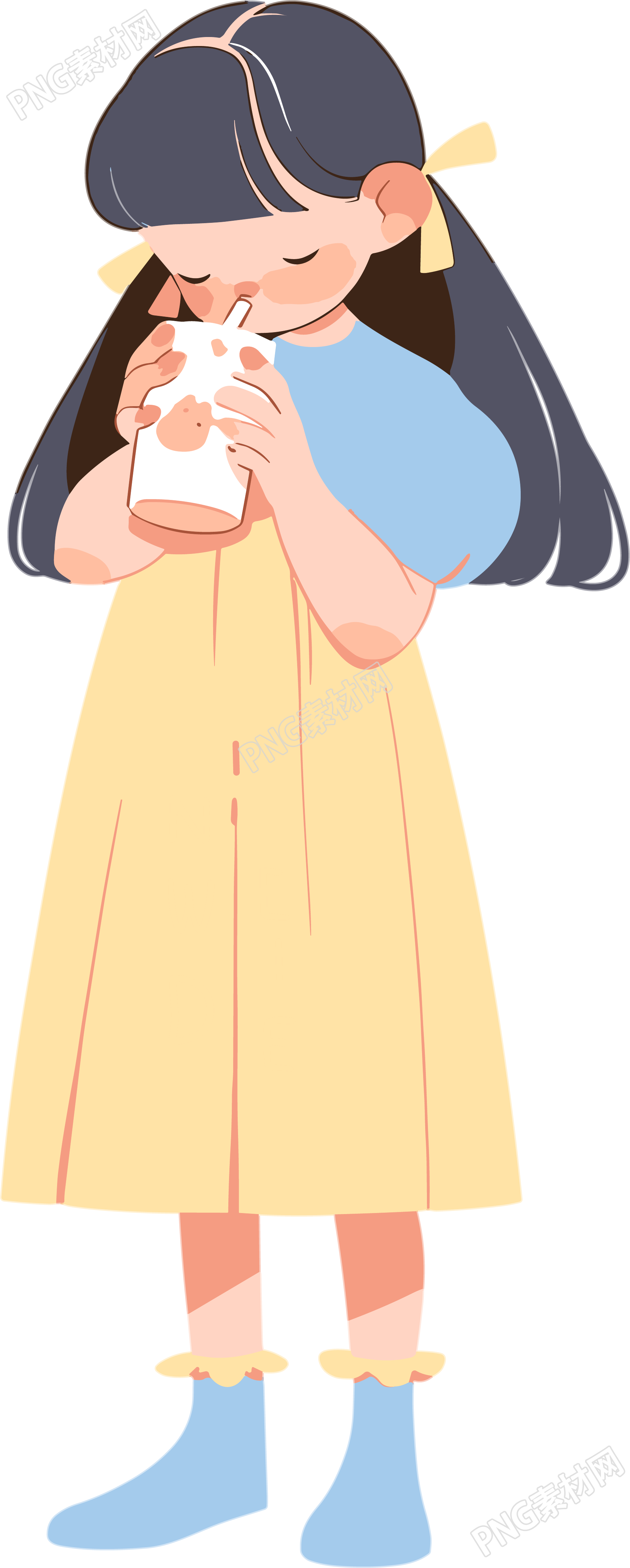 小女孩可爱的粉红黄蓝色连衣裙插画素材