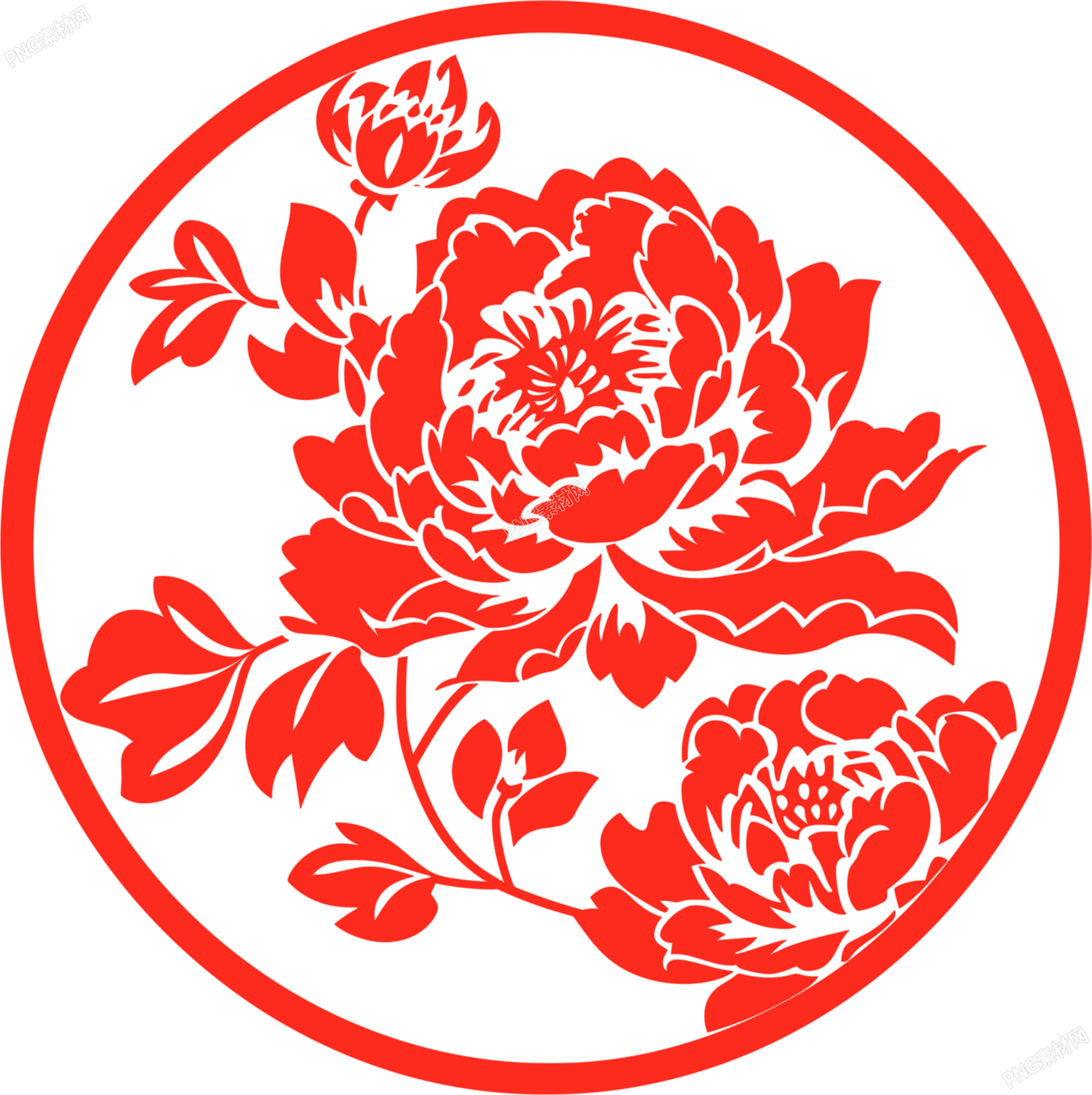剪纸窗花红色牡丹素材