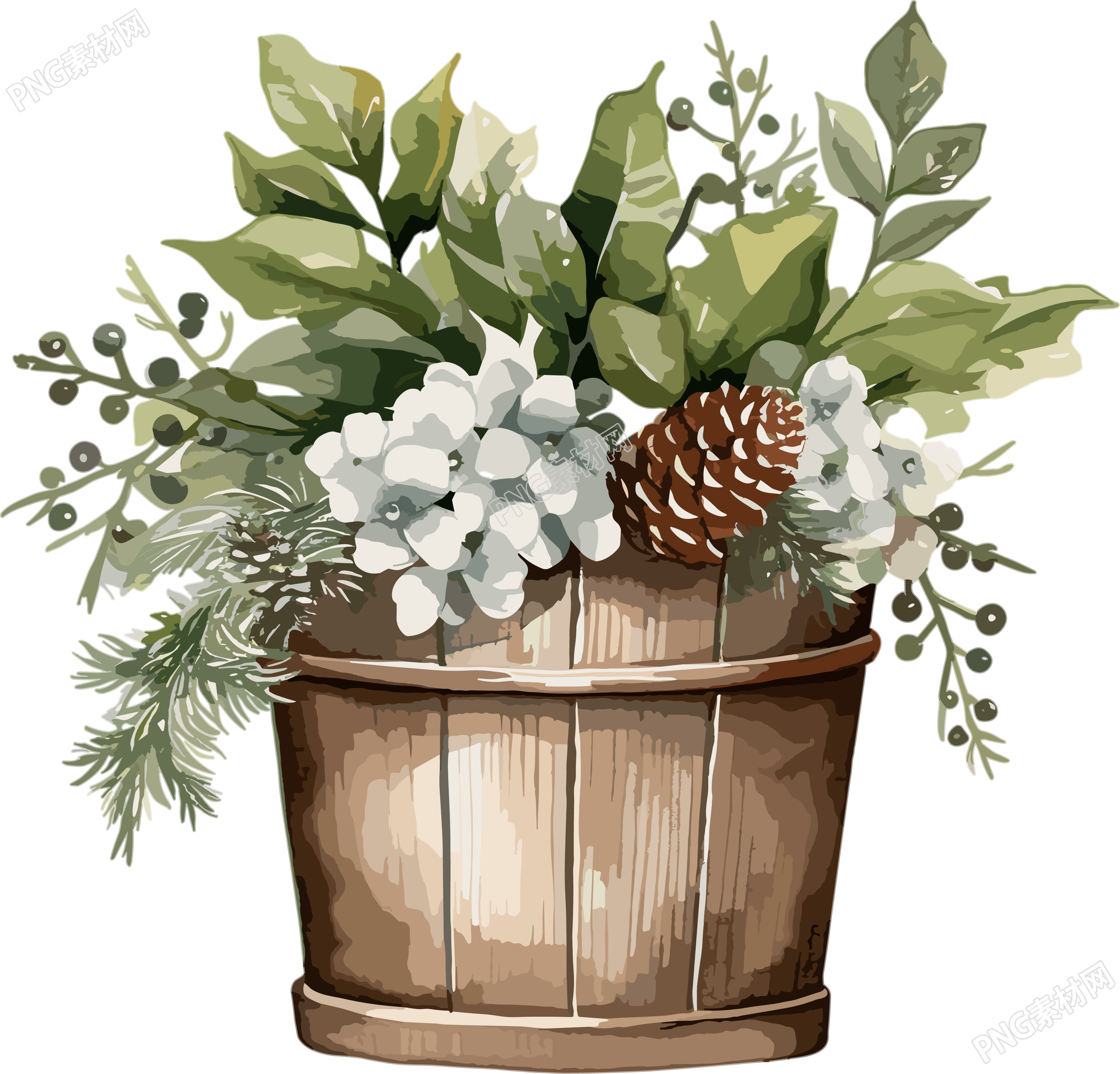 圣诞节绿植盆栽水彩风插画