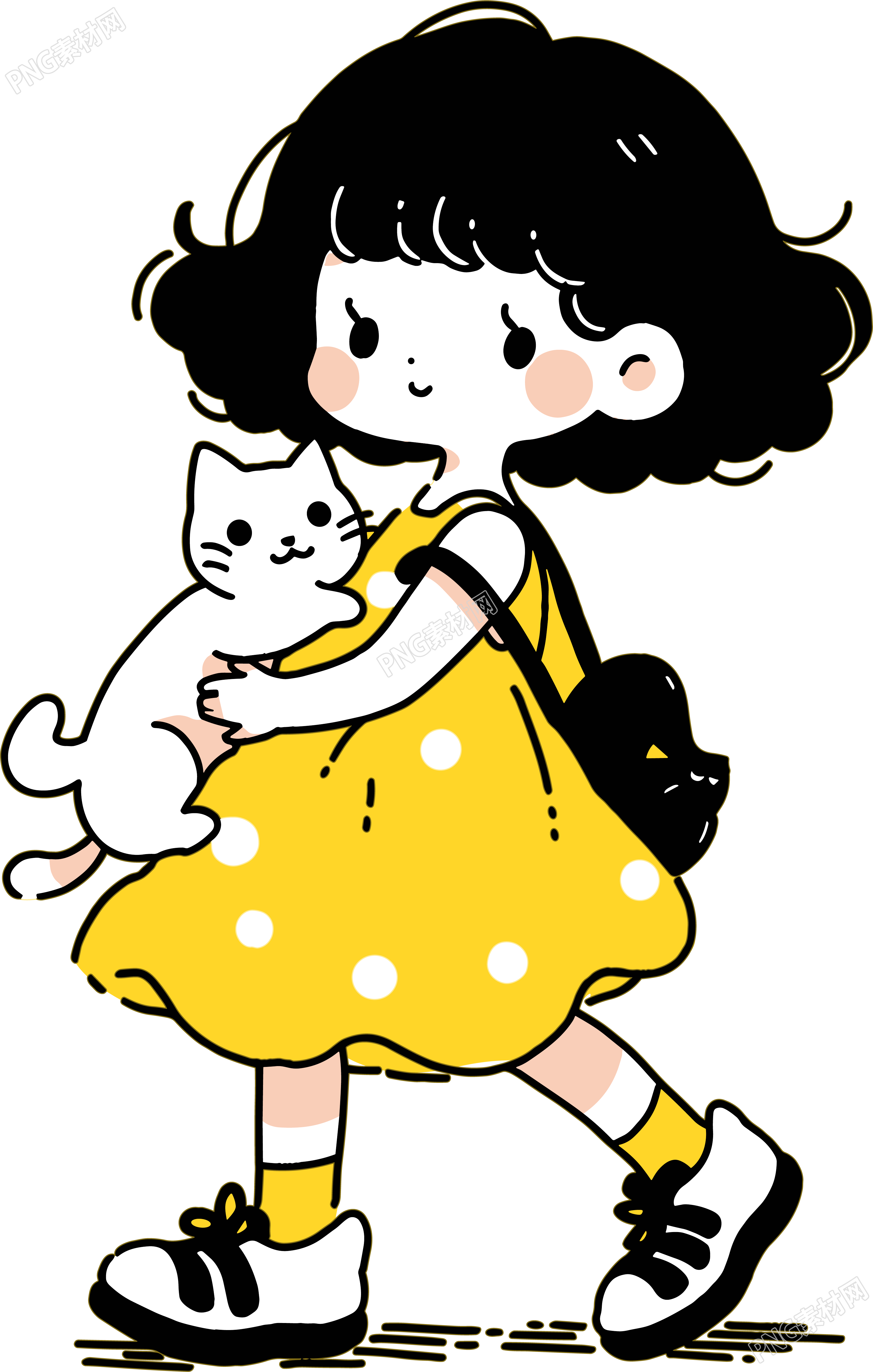 卡通小女孩白色小猫创意商业插画
