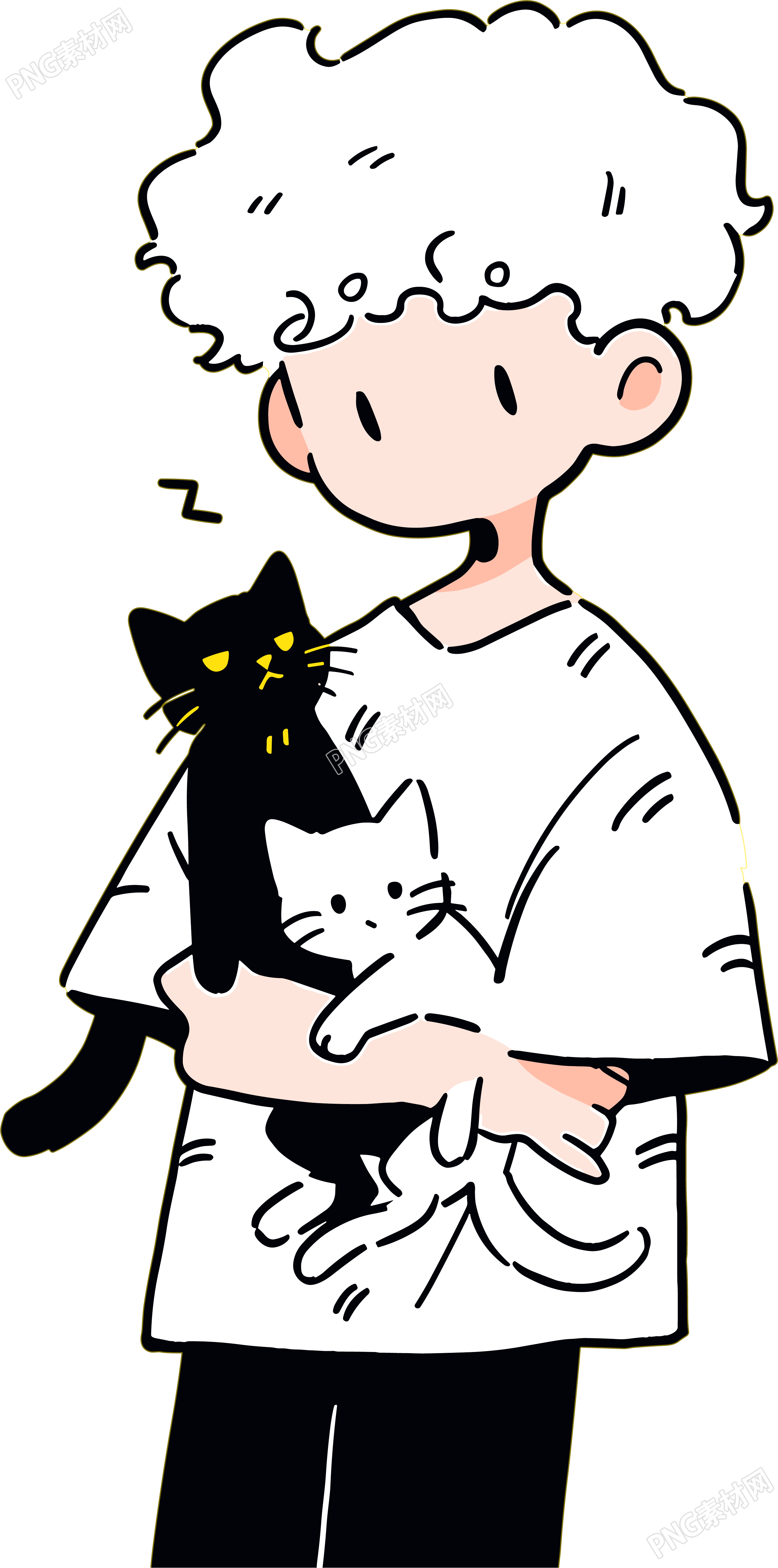 卡通小男孩和小猫插图