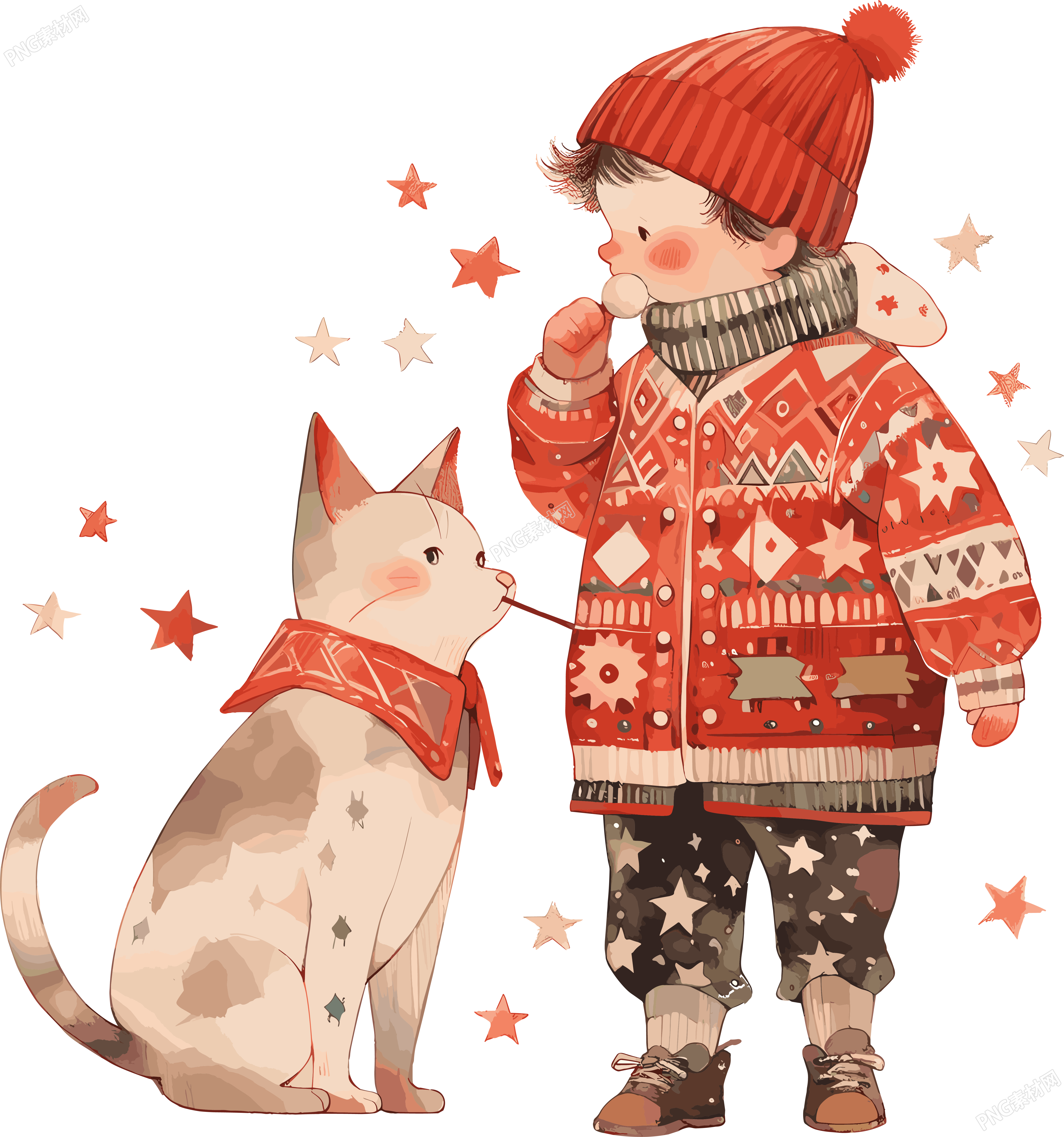 冬季小镇上的男孩和猫插画