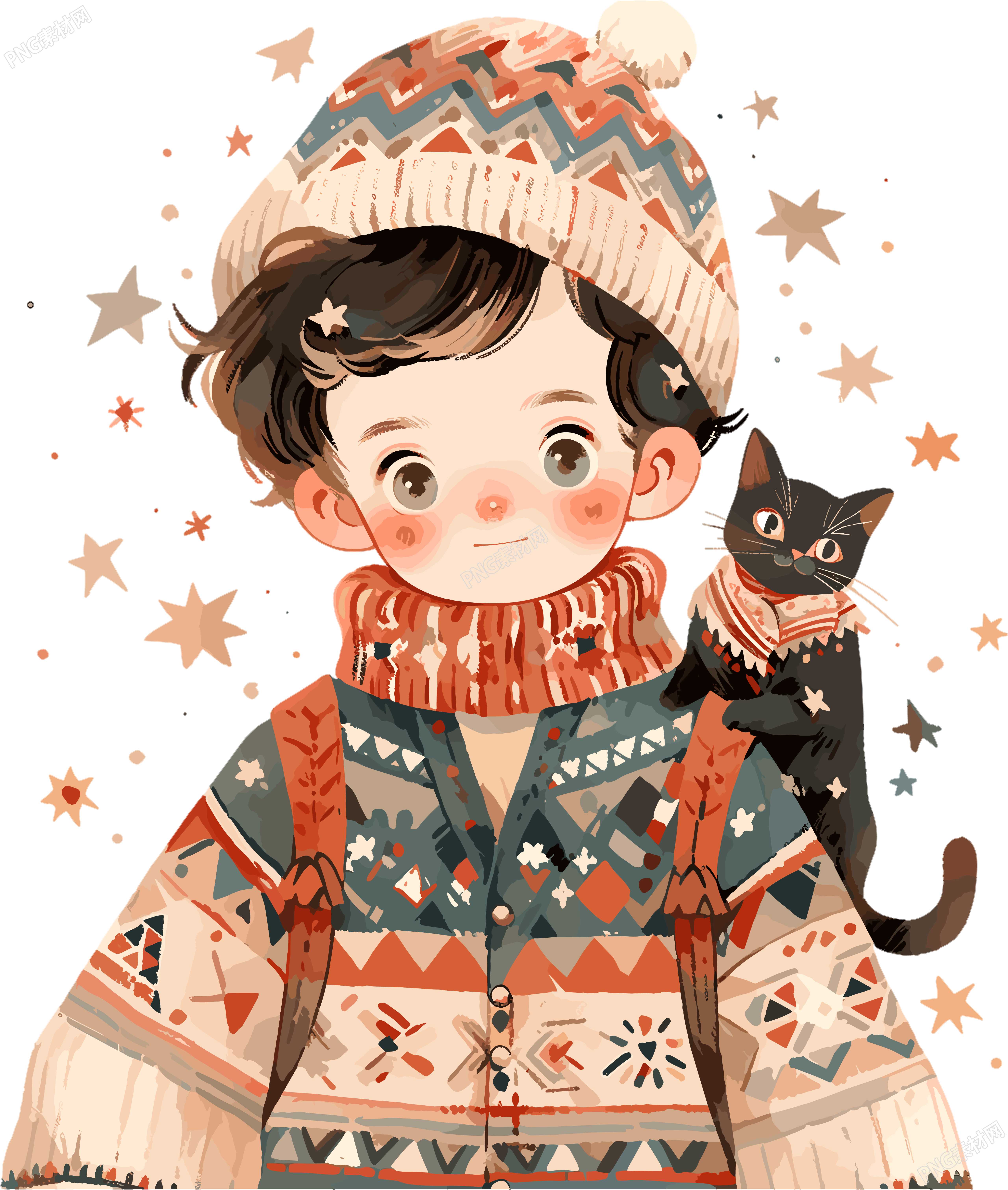男孩和猫高清PNG插画设计