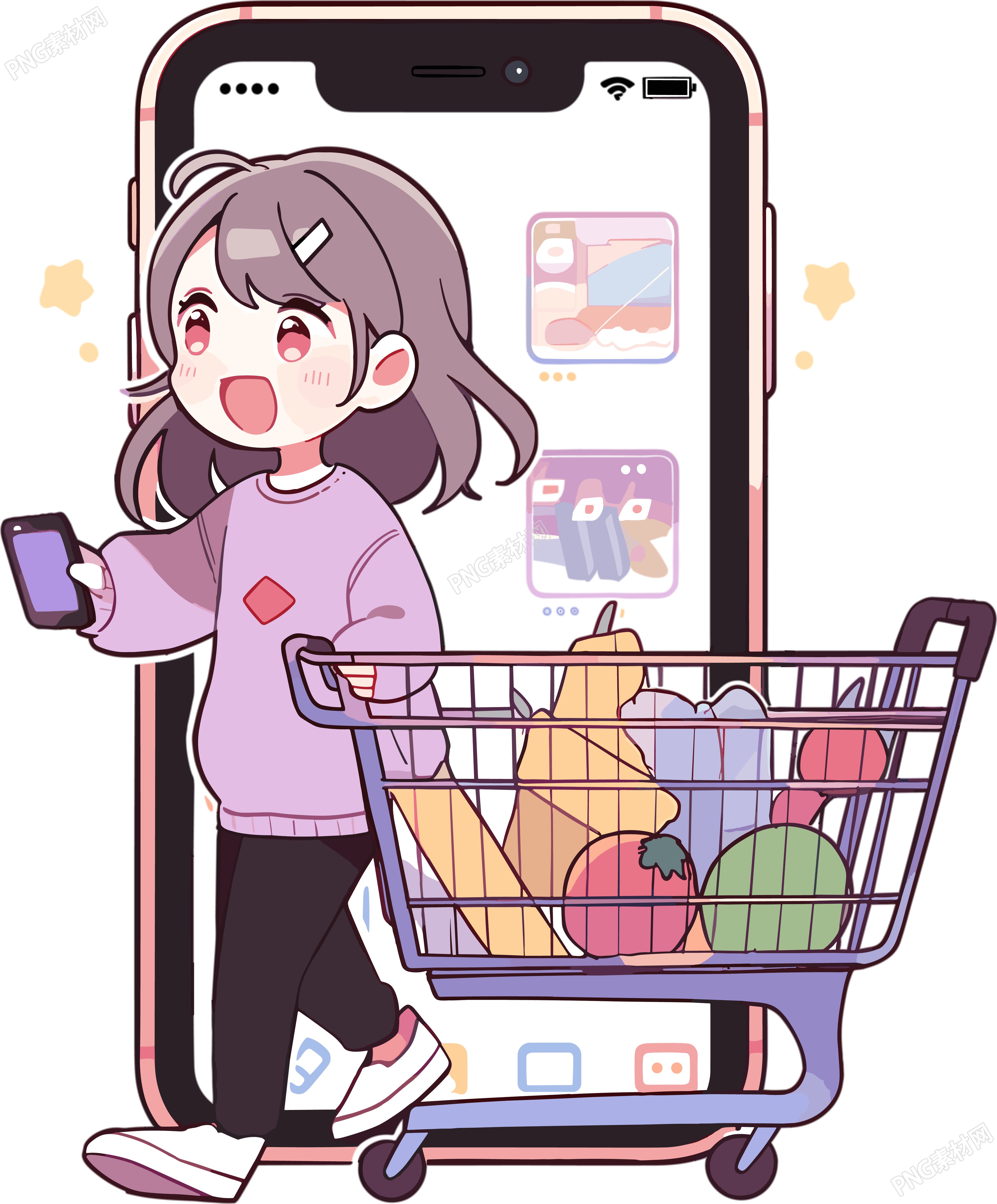 手机购物女孩PNG插画素材