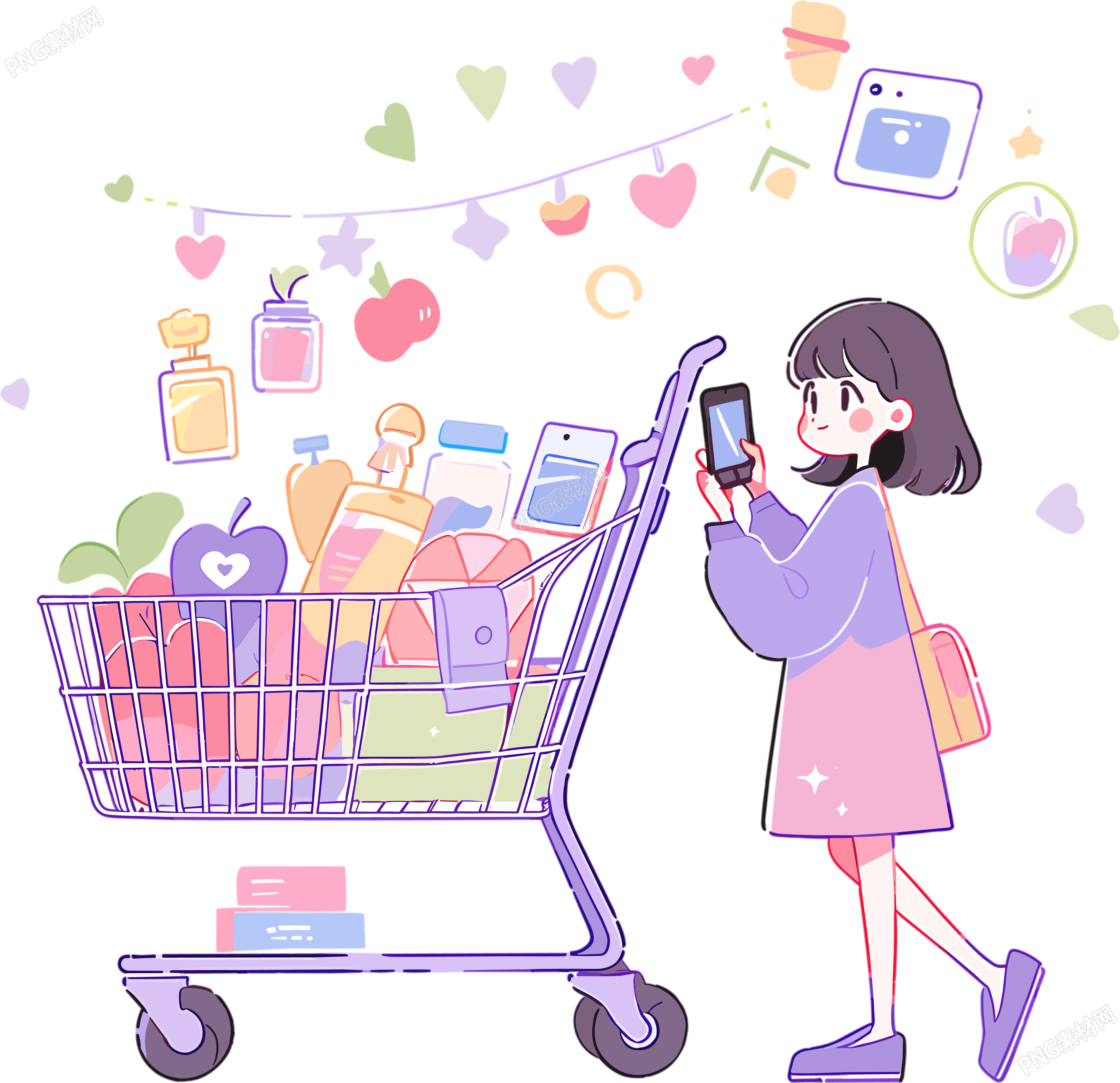手机购物女孩PNG透明背景素材